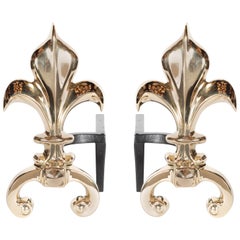 Pair of Custom Fleur-de-Lis Andirons in Polished Brass