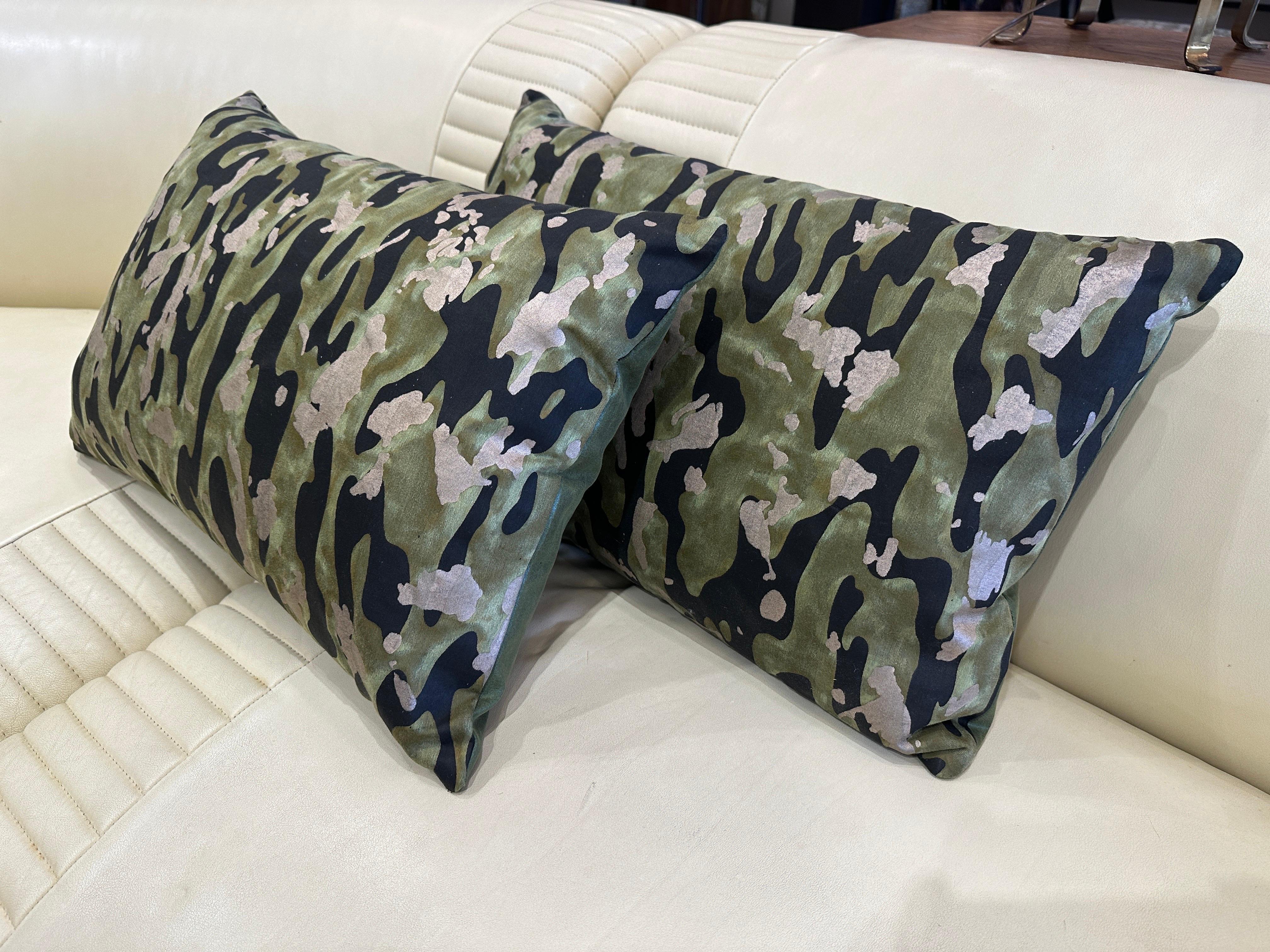 Contemporary Pair of Custom Fortuny Camouflage Fabric Throw Pillows For Sale