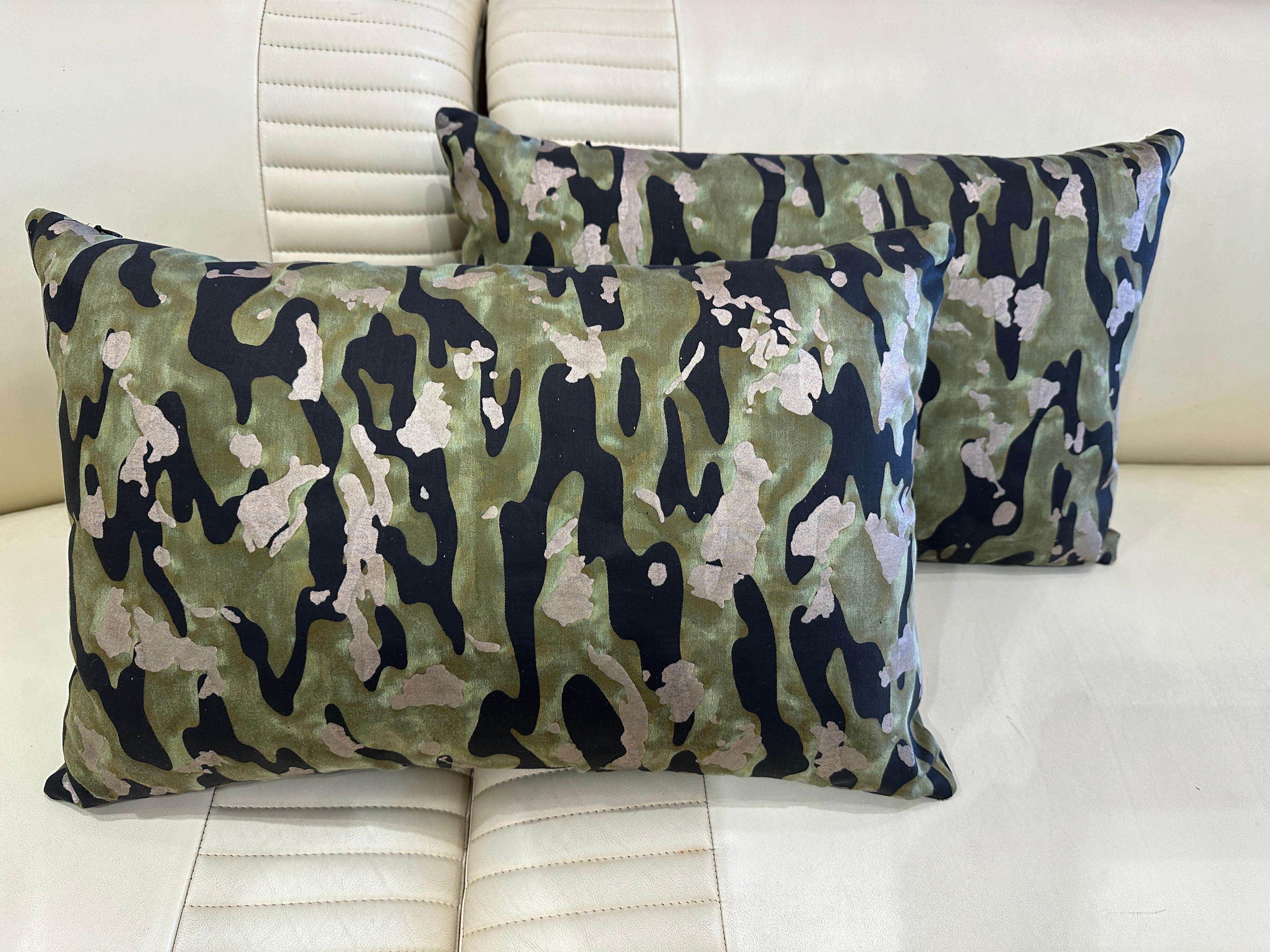 Pair of Custom Fortuny Camouflage Fabric Throw Pillows For Sale 1