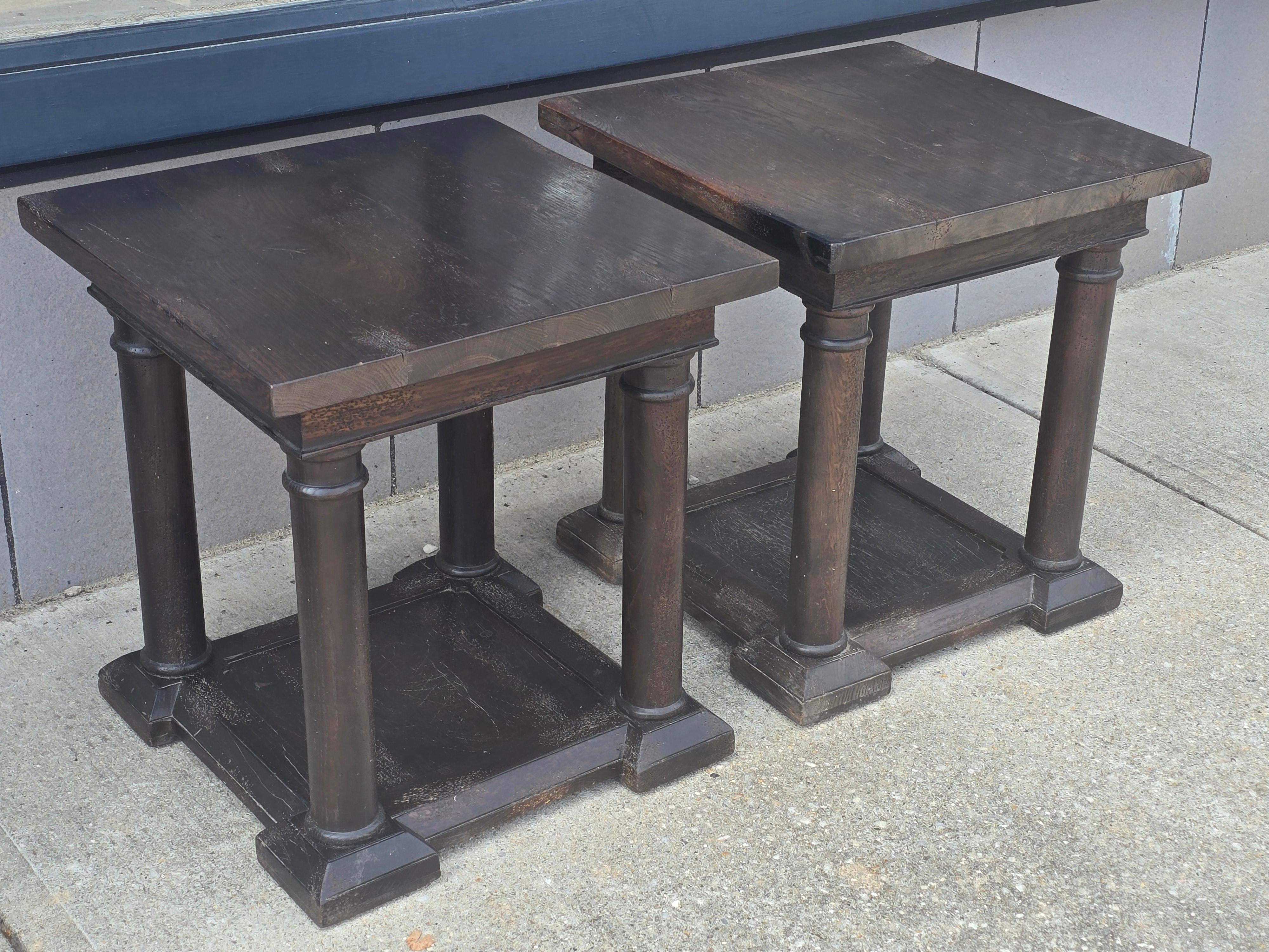 Jacobean Pair of Custom Fumed Oak Neoclassical Side Tables, Refectory Style For Sale