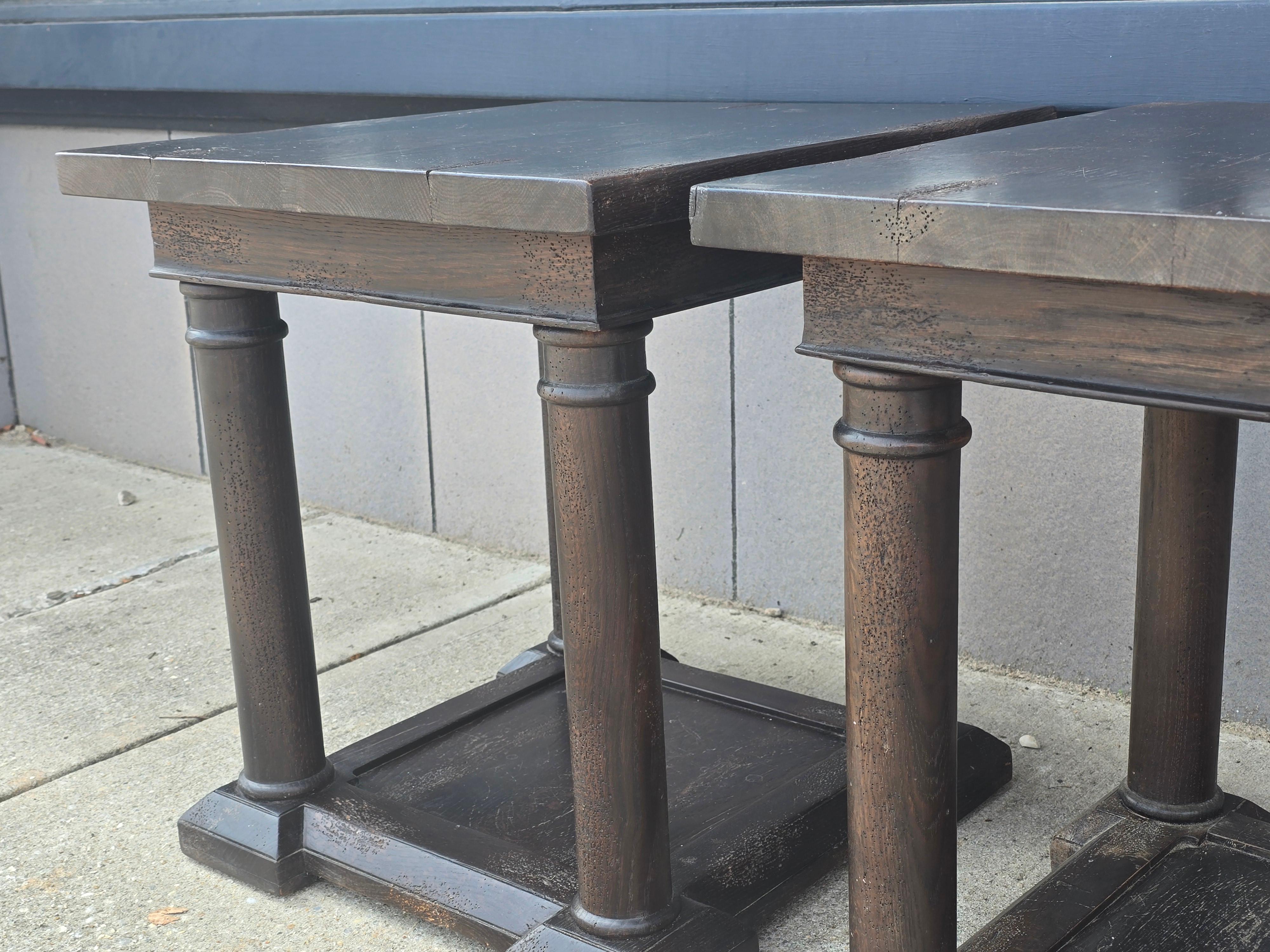 Ebonized Pair of Custom Fumed Oak Neoclassical Side Tables, Refectory Style For Sale