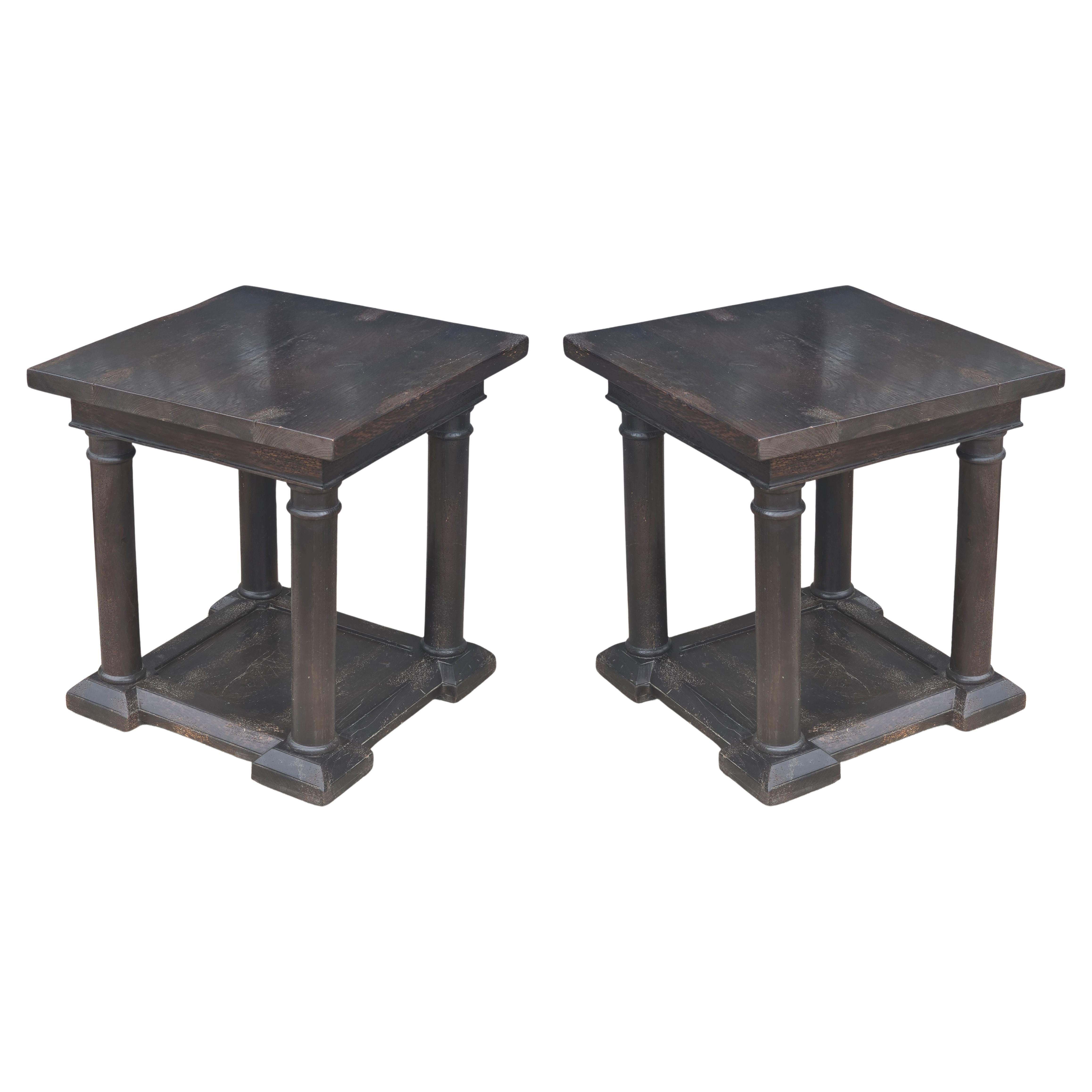 Pair of Custom Fumed Oak Neoclassical Side Tables, Refectory Style For Sale