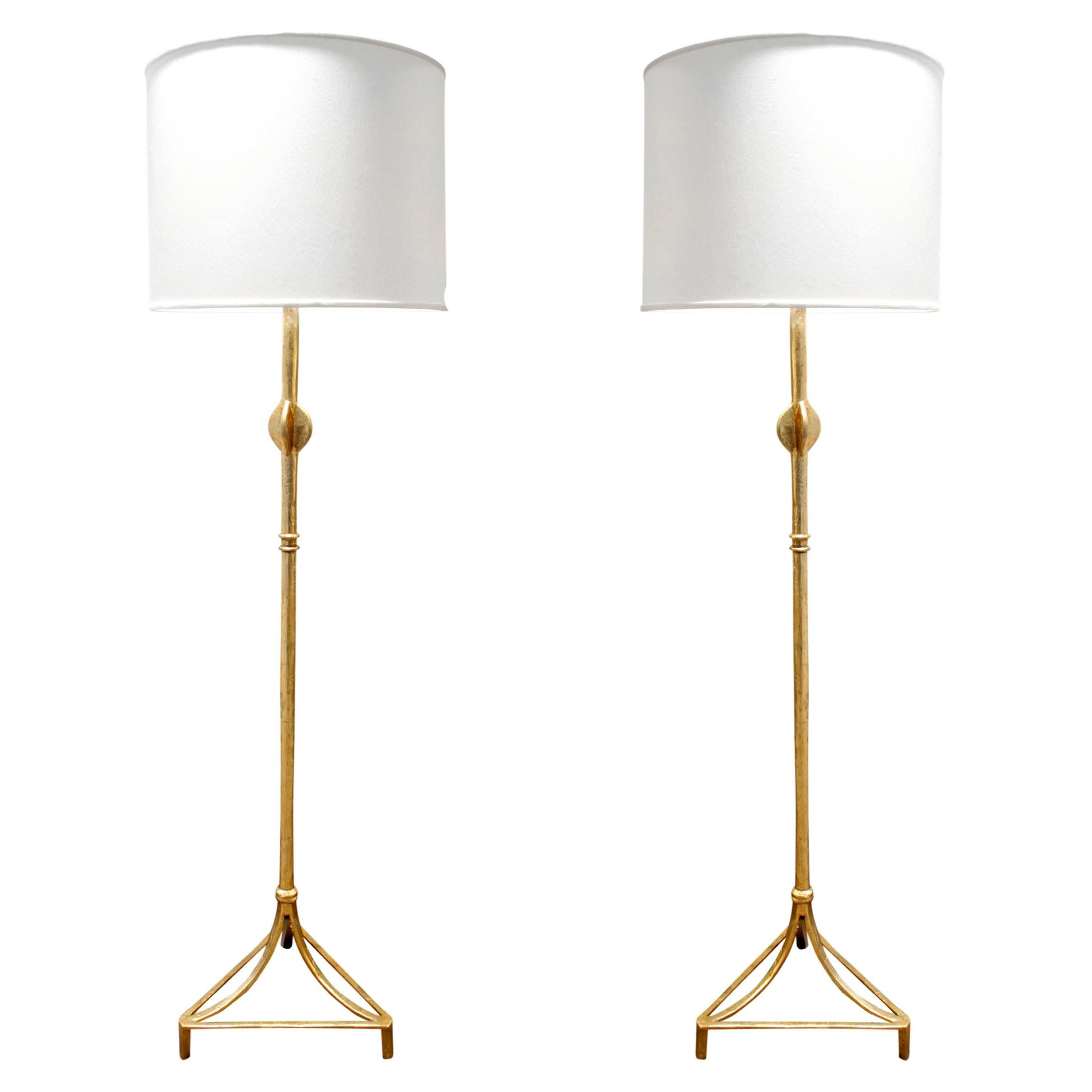 Pair of Custom Giacometti Style Gilded Floor Lamps, 1970s