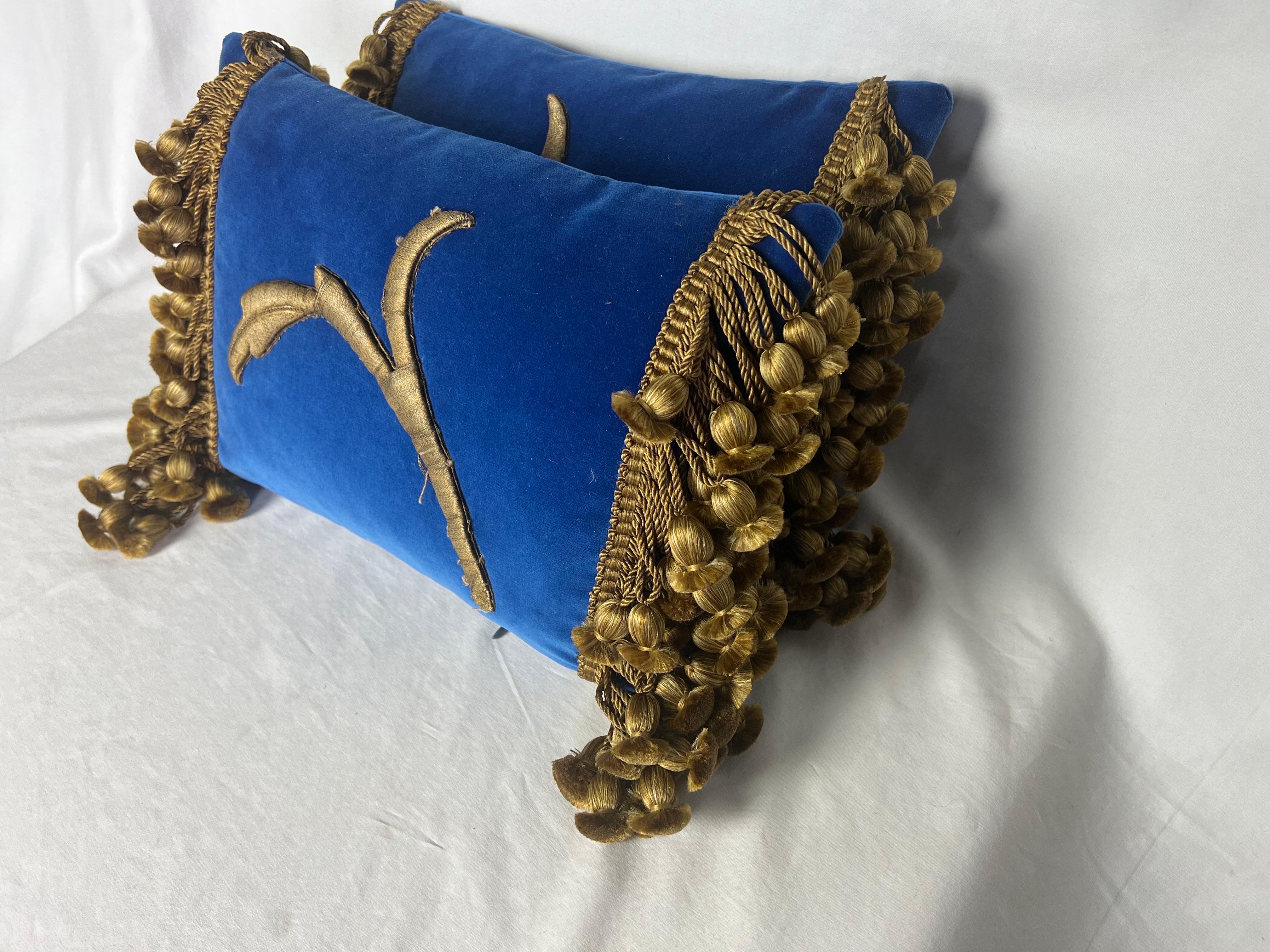 Baroque Pair of Custom Gold Metallic Appliqué Velvet Pillows by MLA For Sale
