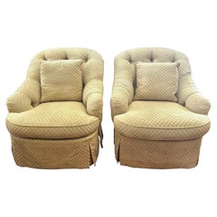 Pair of Custom Gold Upholstered Tufted Scroll Arm Club Chairs