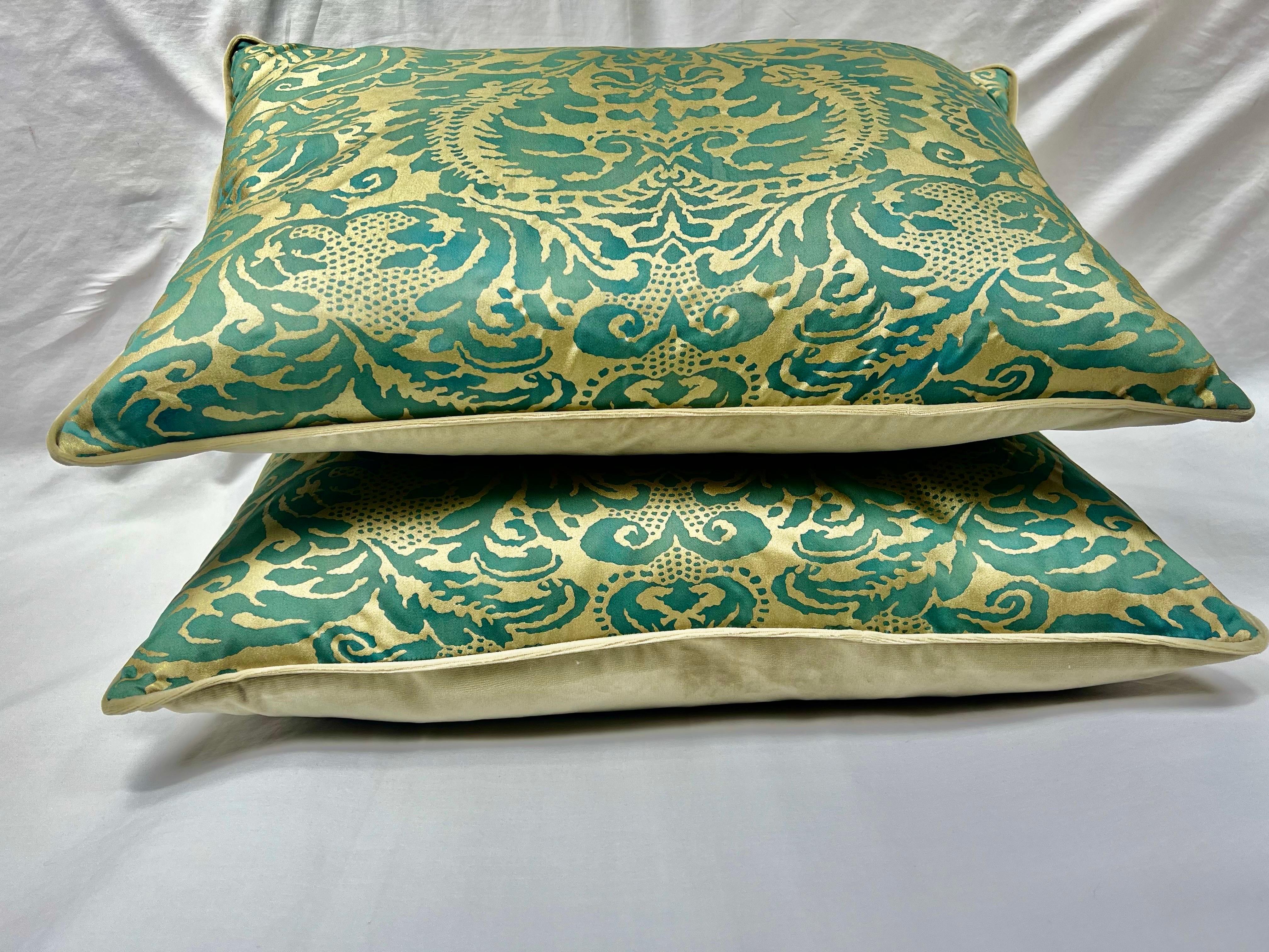 Baroque Pair of Custom Green & Gold Fortuny Pillows For Sale