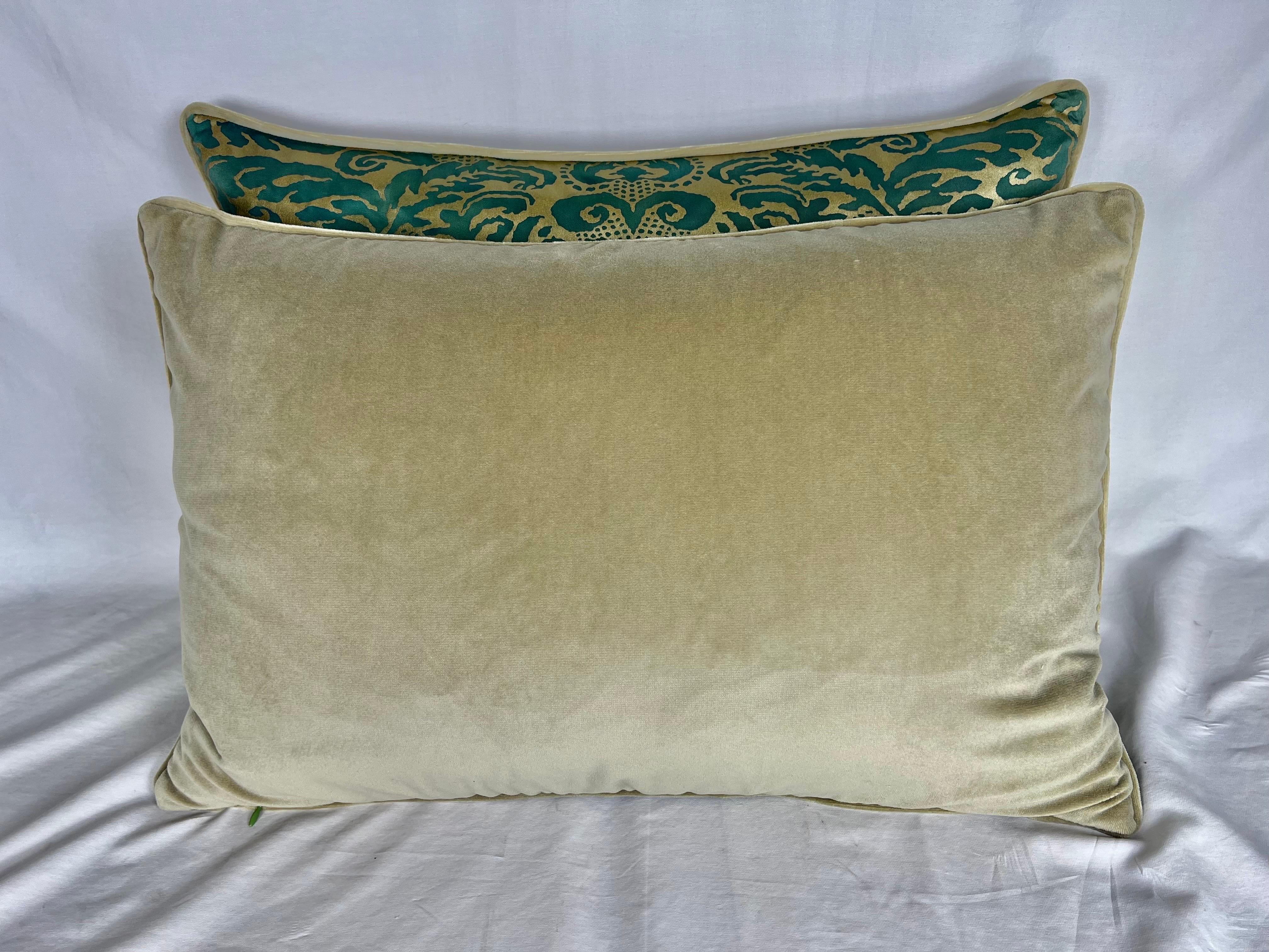 Pair of Custom Green & Gold Fortuny Pillows In New Condition For Sale In Los Angeles, CA