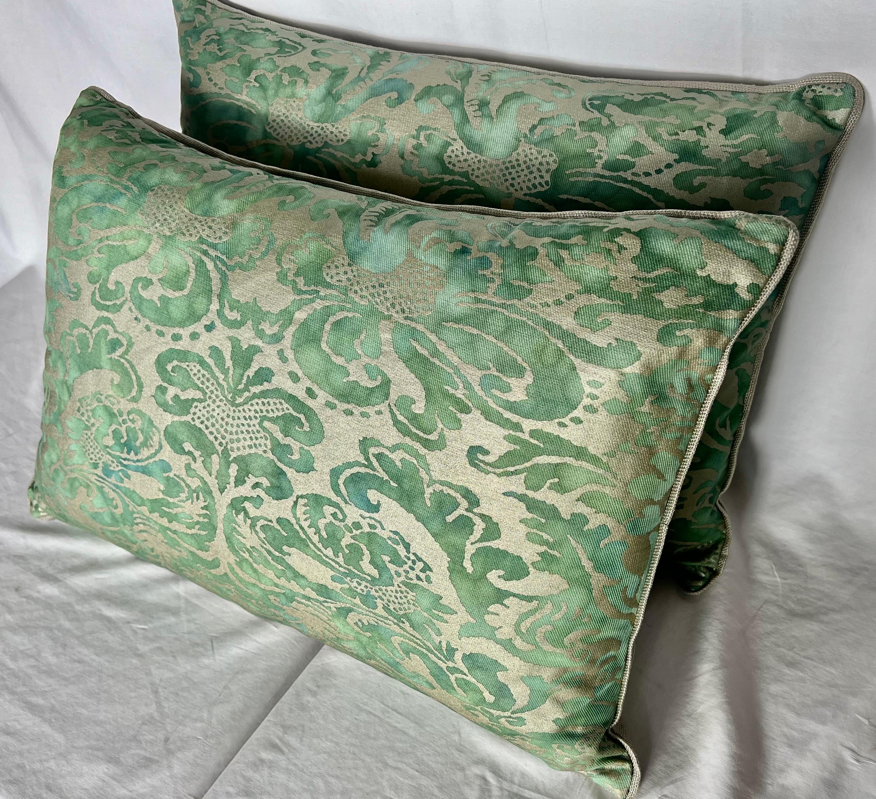 Contemporary Pair of Custom Green & Gold Fortuny Pillows 