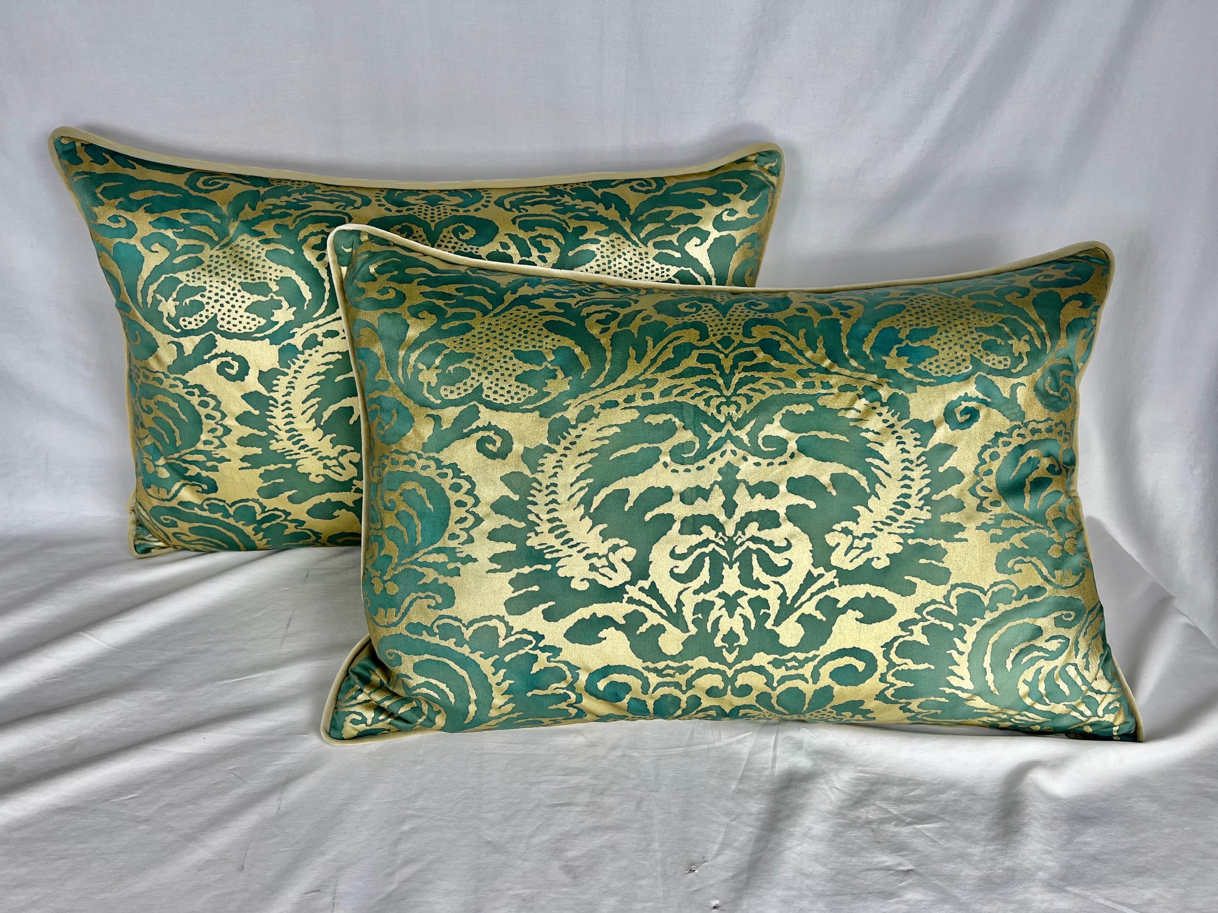 Cotton Pair of Custom Green & Gold Fortuny Pillows For Sale