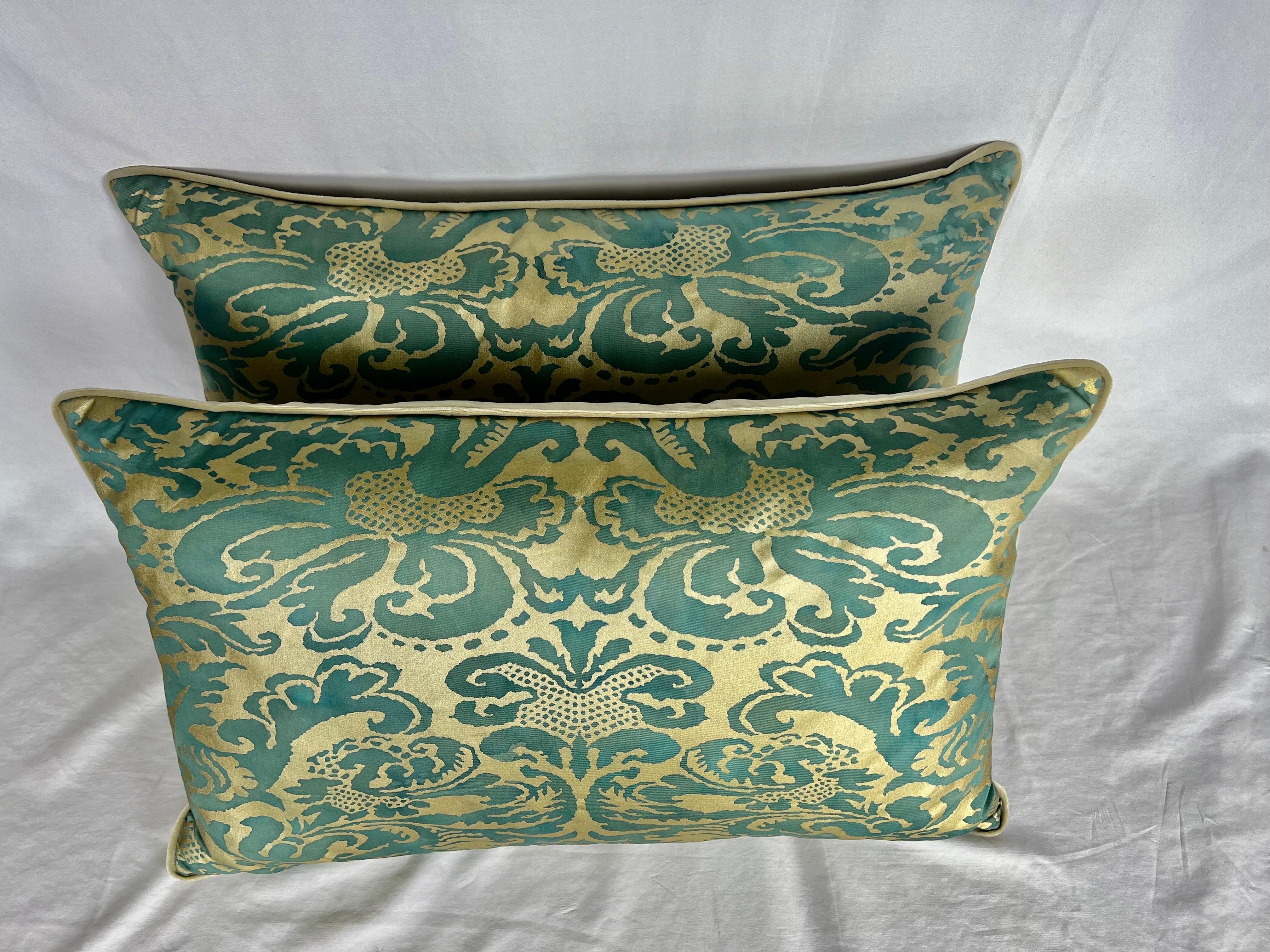 Italian Pair of Custom Green & Metallic Gold Printed Linen Pillows