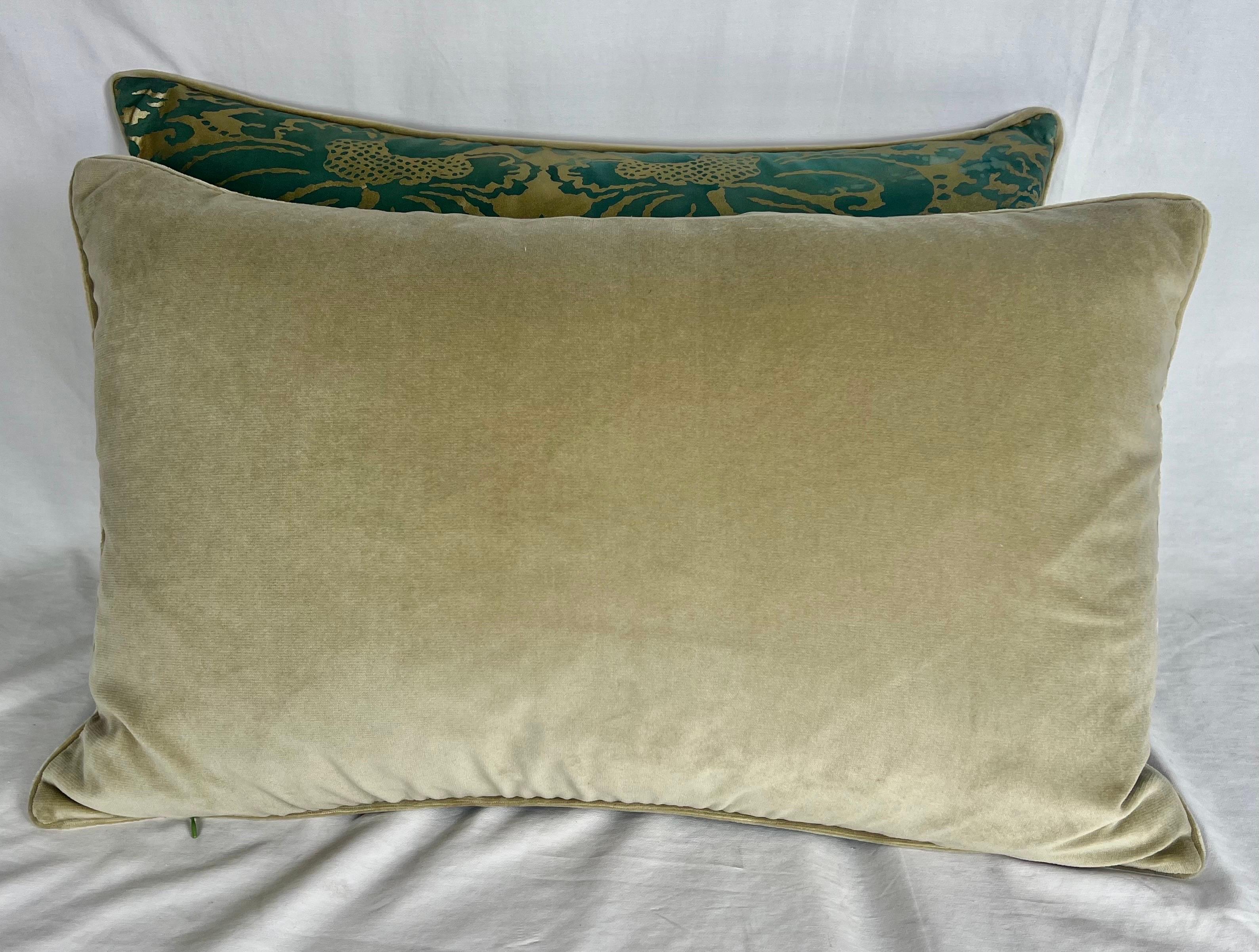 20th Century Pair of Custom Green & Metallic Gold Printed Linen Pillows