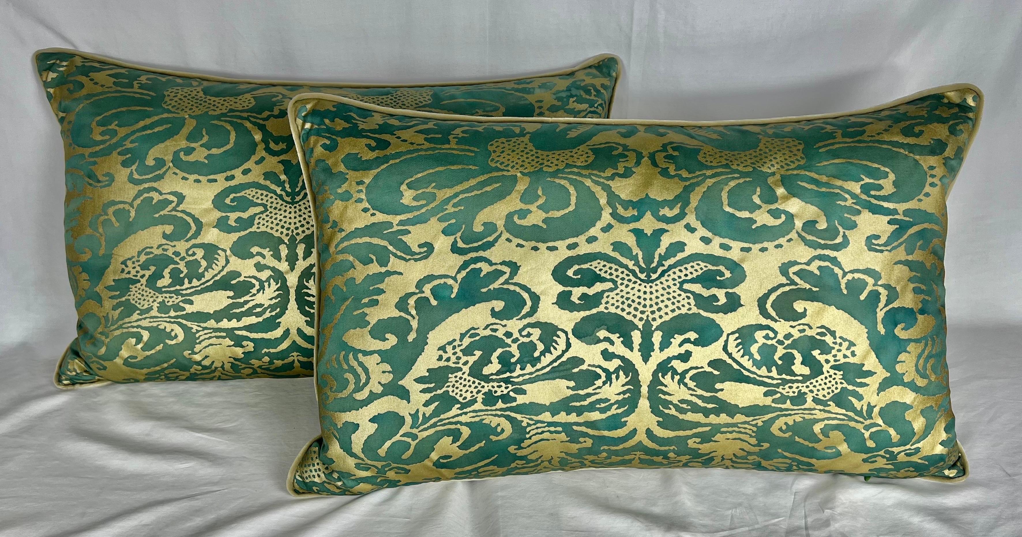 Pair of Custom Green & Metallic Gold Printed Linen Pillows 1