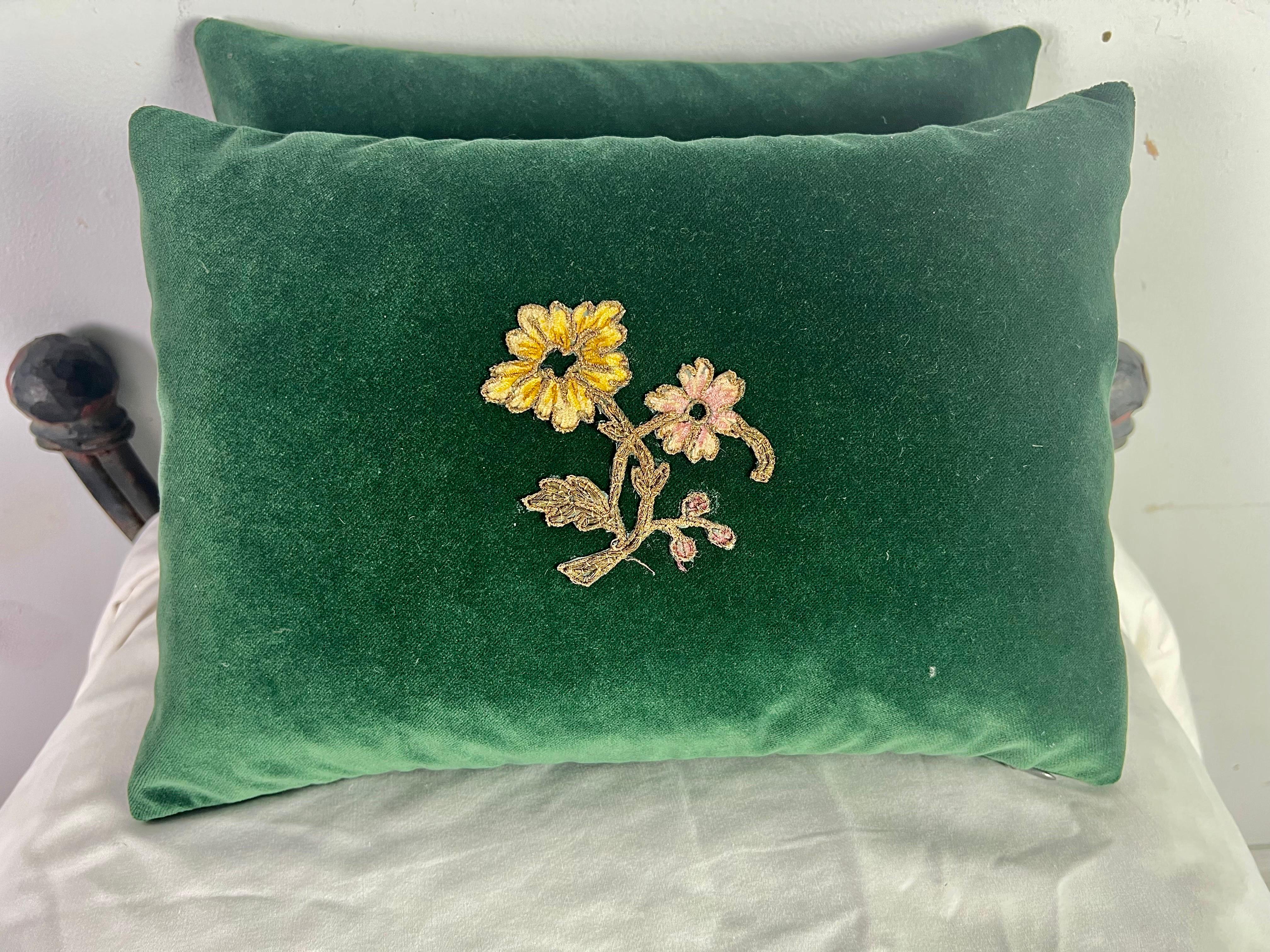 Custom pair of green velvet pillows made with 19th century metallic & chenille applique flower. Down insert, sewn closed.