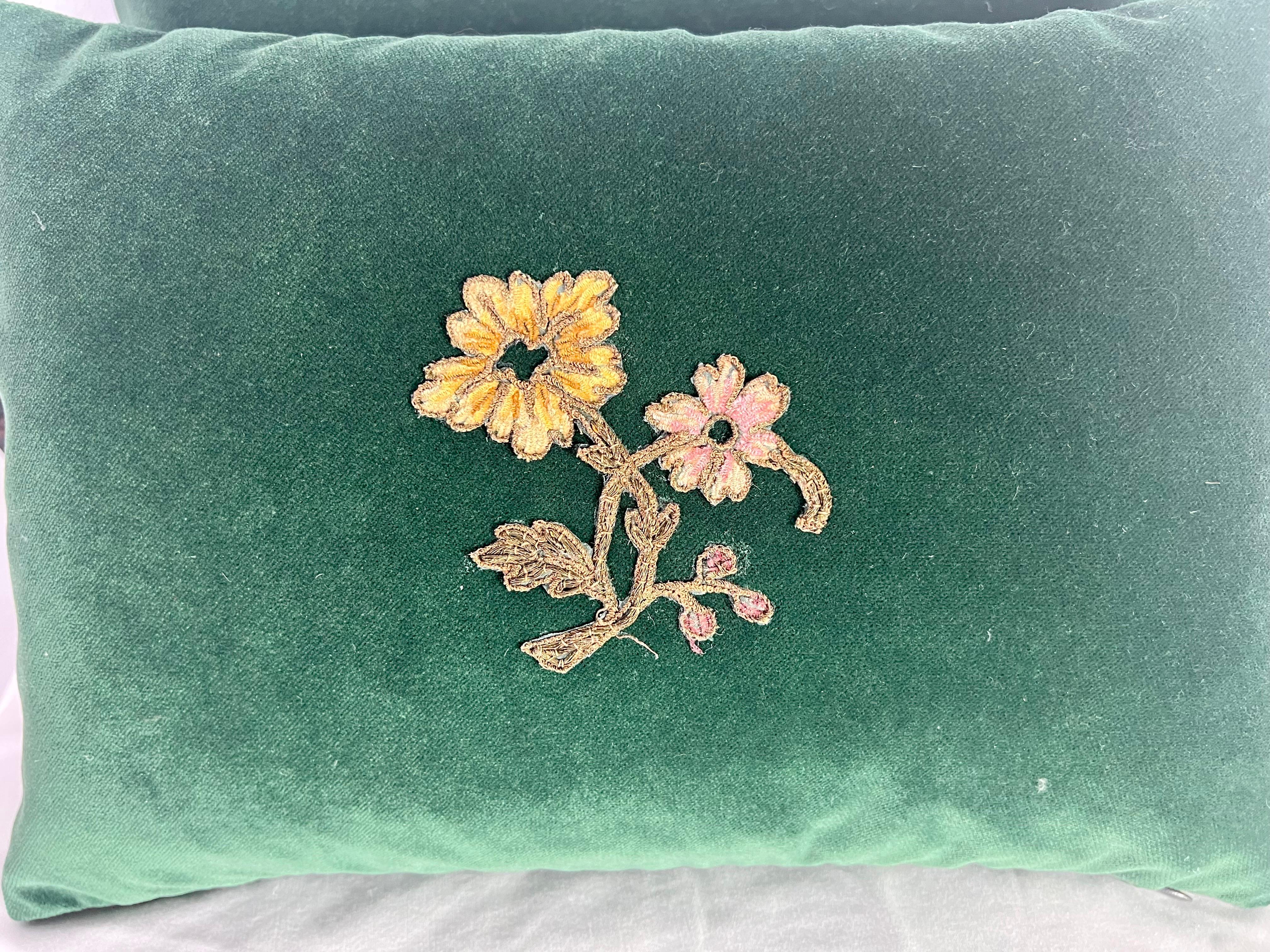 Rococo Pair of Custom Green Velvet Appliqué Pillows For Sale