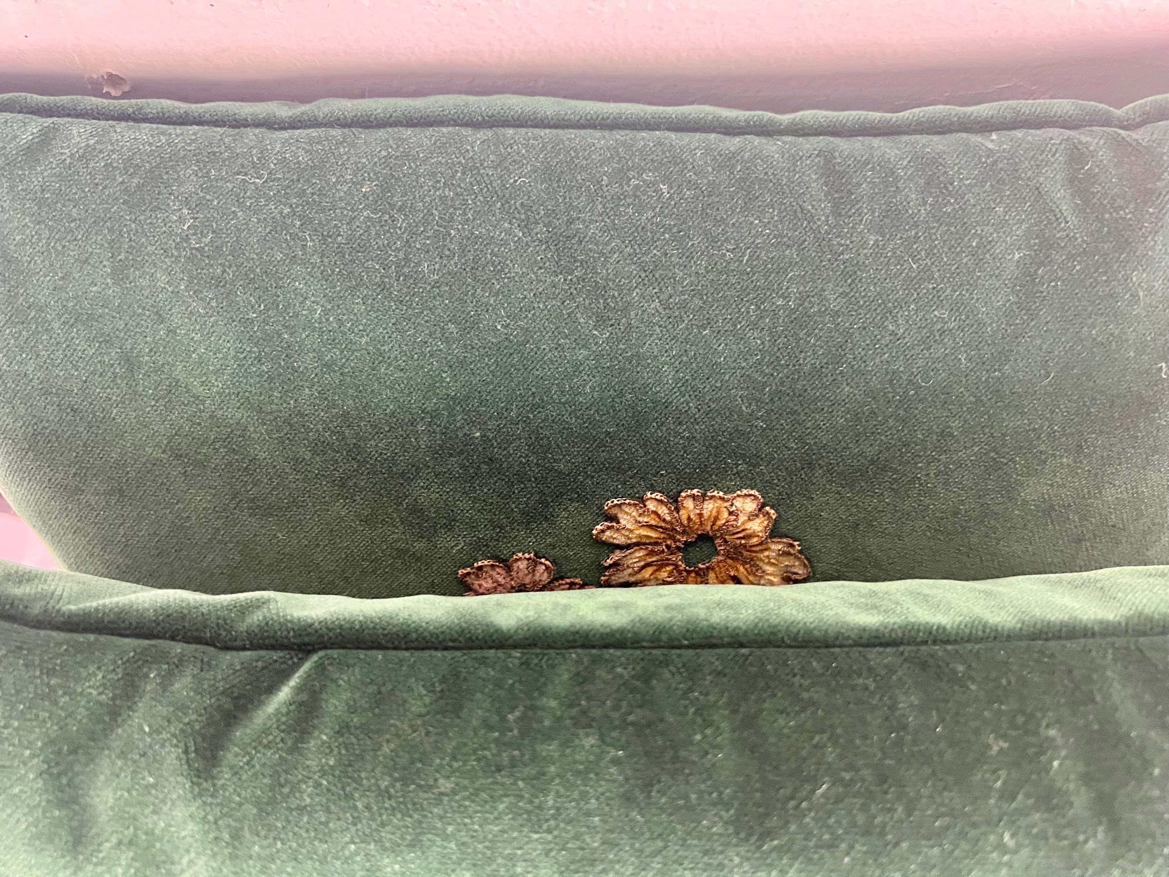 French Pair of Custom Green Velvet Appliqué Pillows For Sale