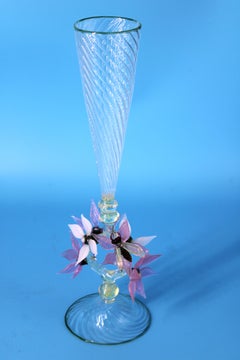 Pair of Custom Hand-Blown Glass Champagne Glasses w/Flowers & Bees