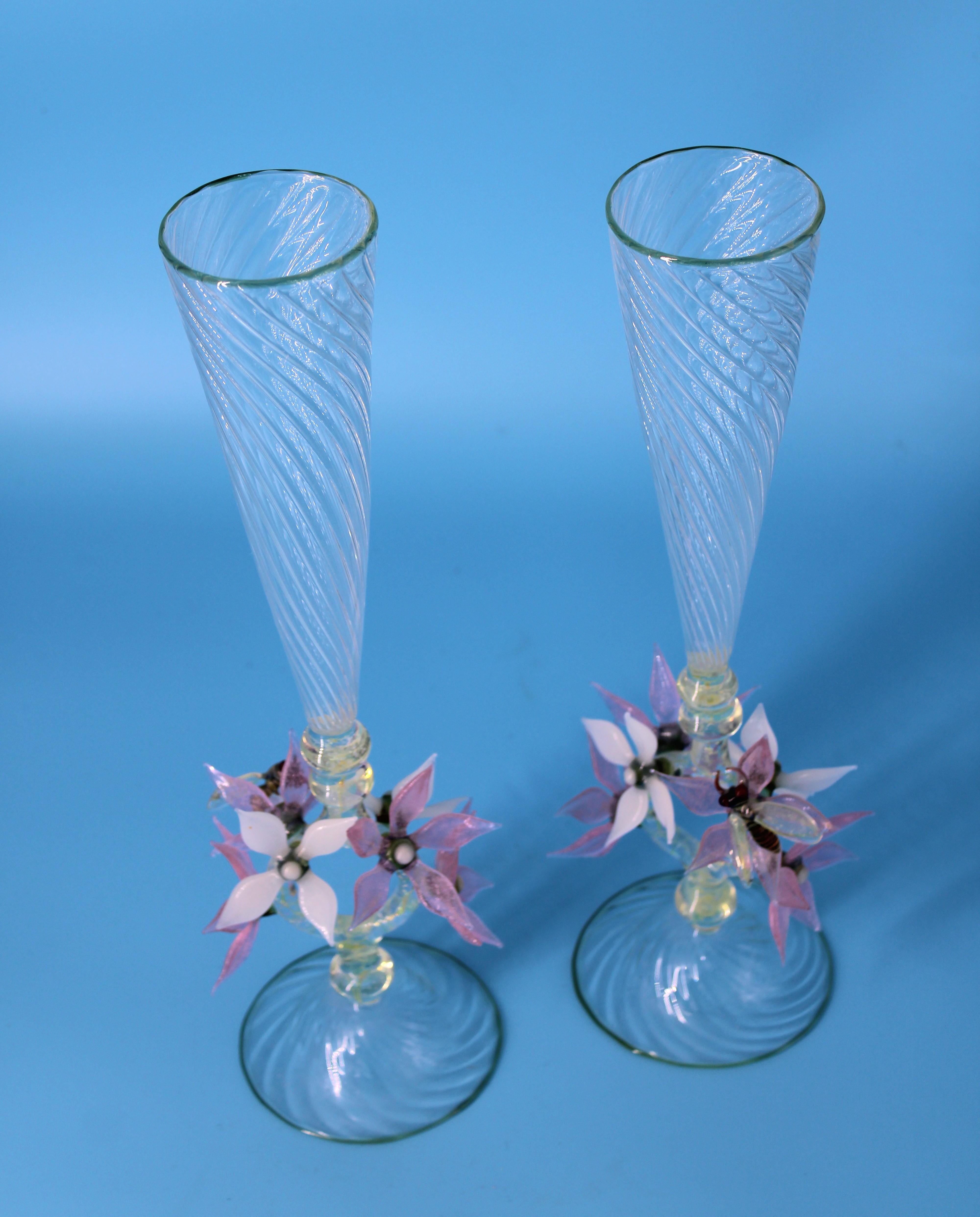 Hand-Crafted Pair of Custom Hand-Blown Glass Champagne Glasses w/Flowers & Bees For Sale