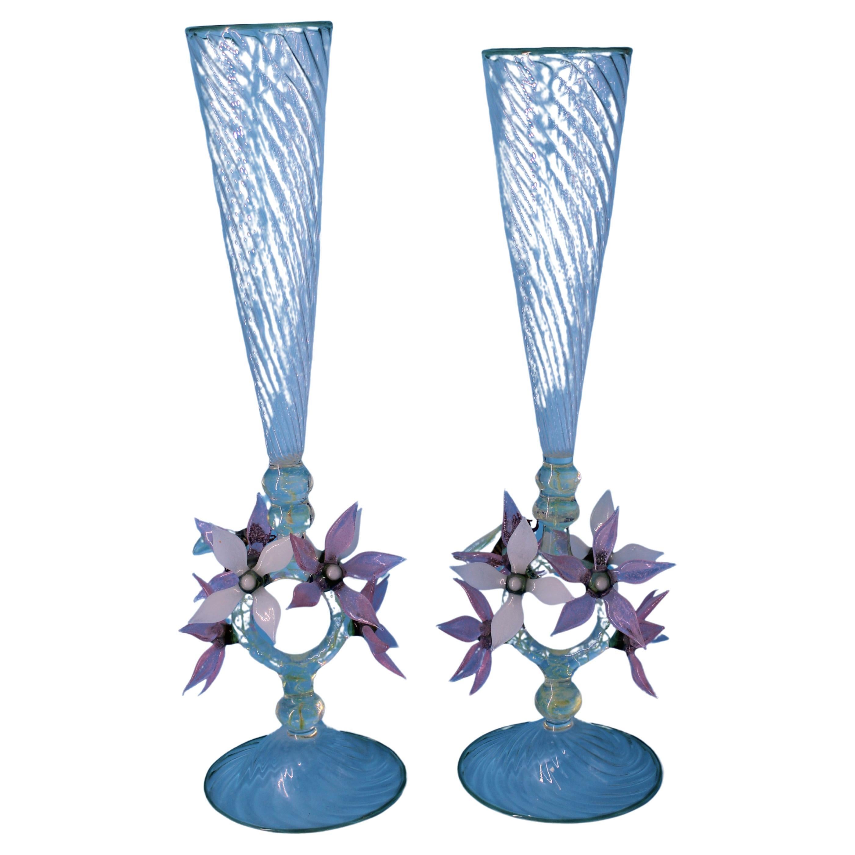 Pair of Custom Hand-Blown Glass Champagne Glasses w/Flowers & Bees For Sale