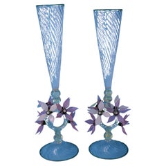 Pair of Custom Hand-Blown Glass Champagne Glasses w/Flowers & Bees