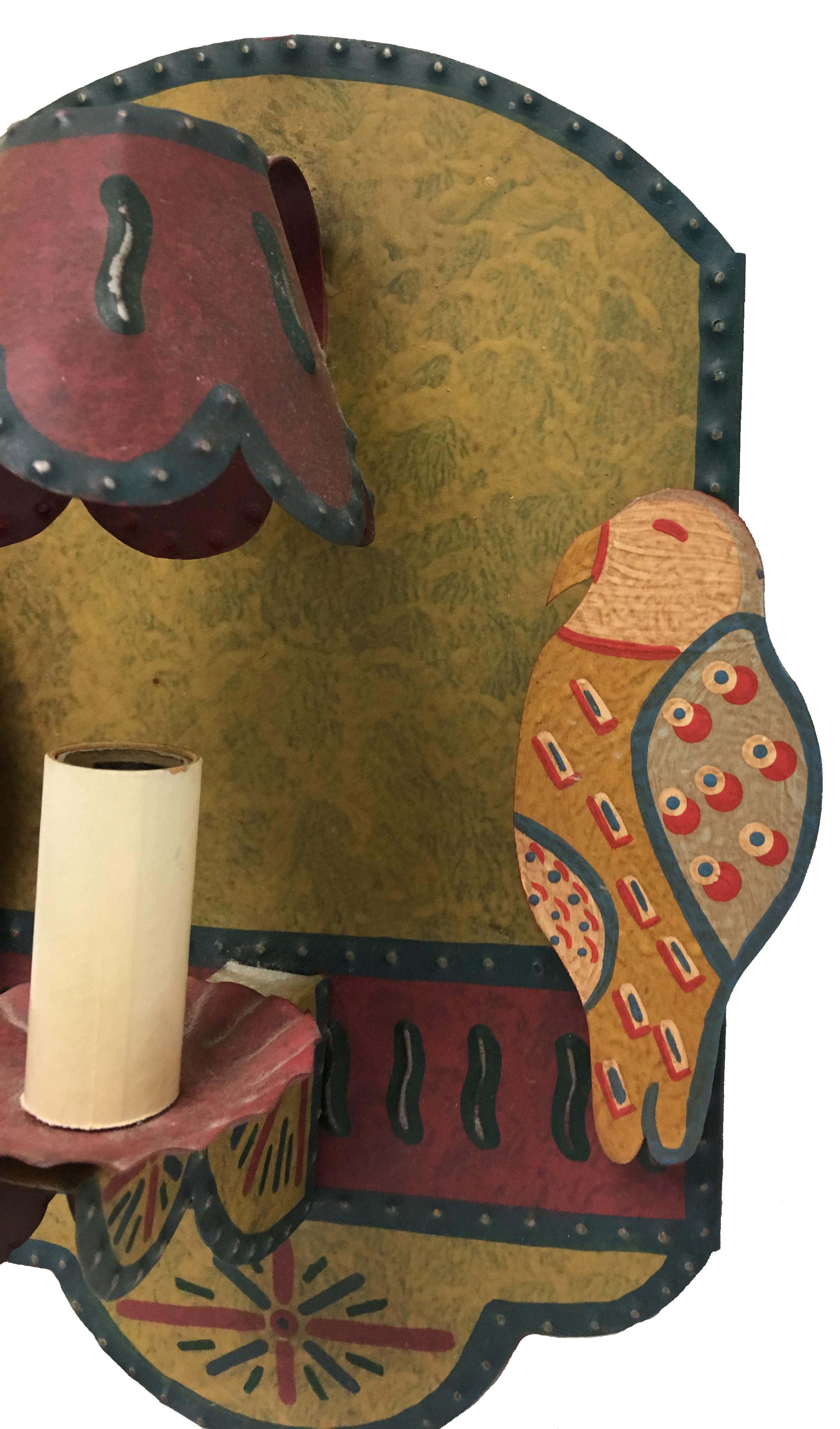 Folk Art Pair of Tole Owl Motif Hand Painted Wall Sconces