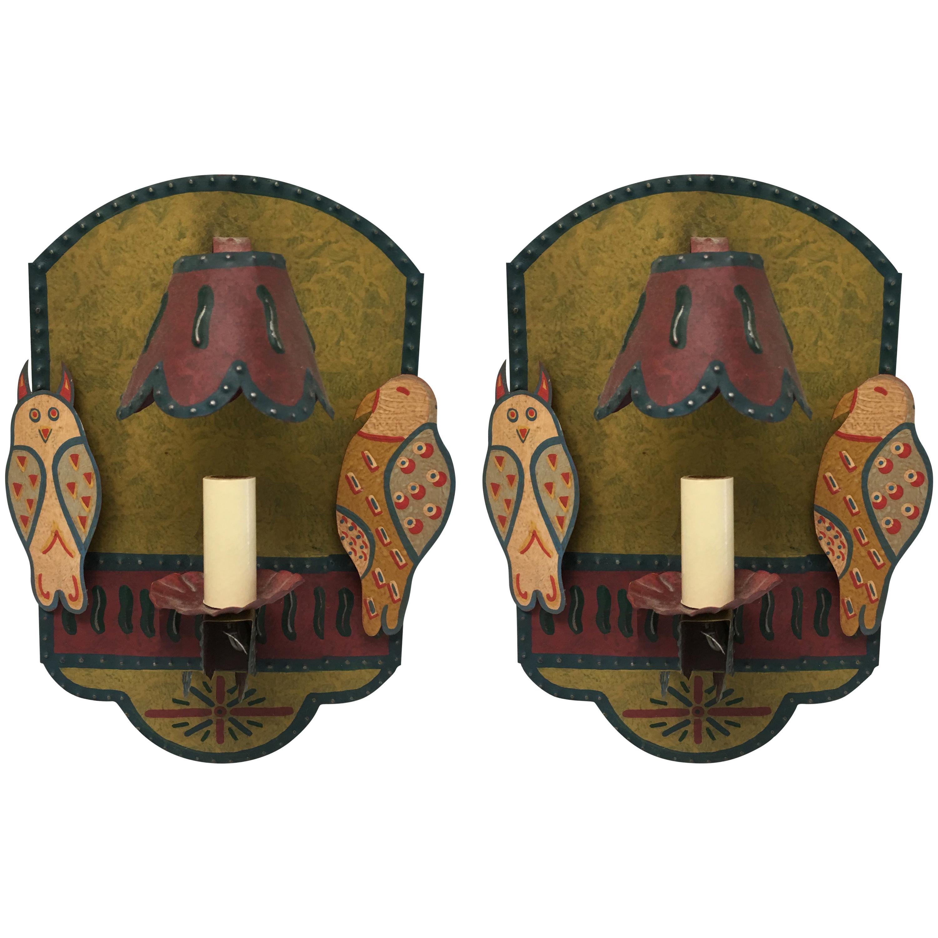 Pair of Tole Owl Motif Hand Painted Wall Sconces