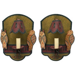 Pair of Tole Owl Motif Hand Painted Wall Sconces