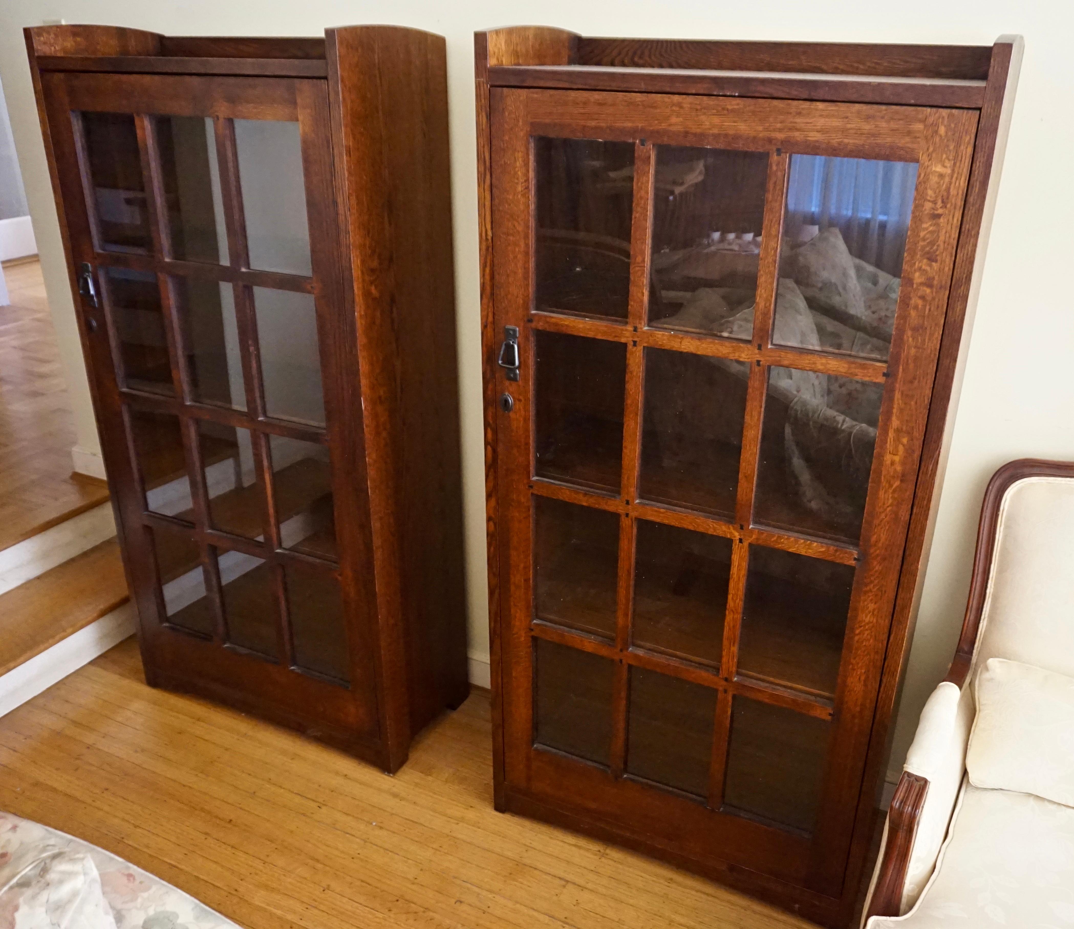 Arts and Crafts Pair Of Custom Handmade Arts & Crafts Style Solid Oak Bookcases Cum Cabinets For Sale