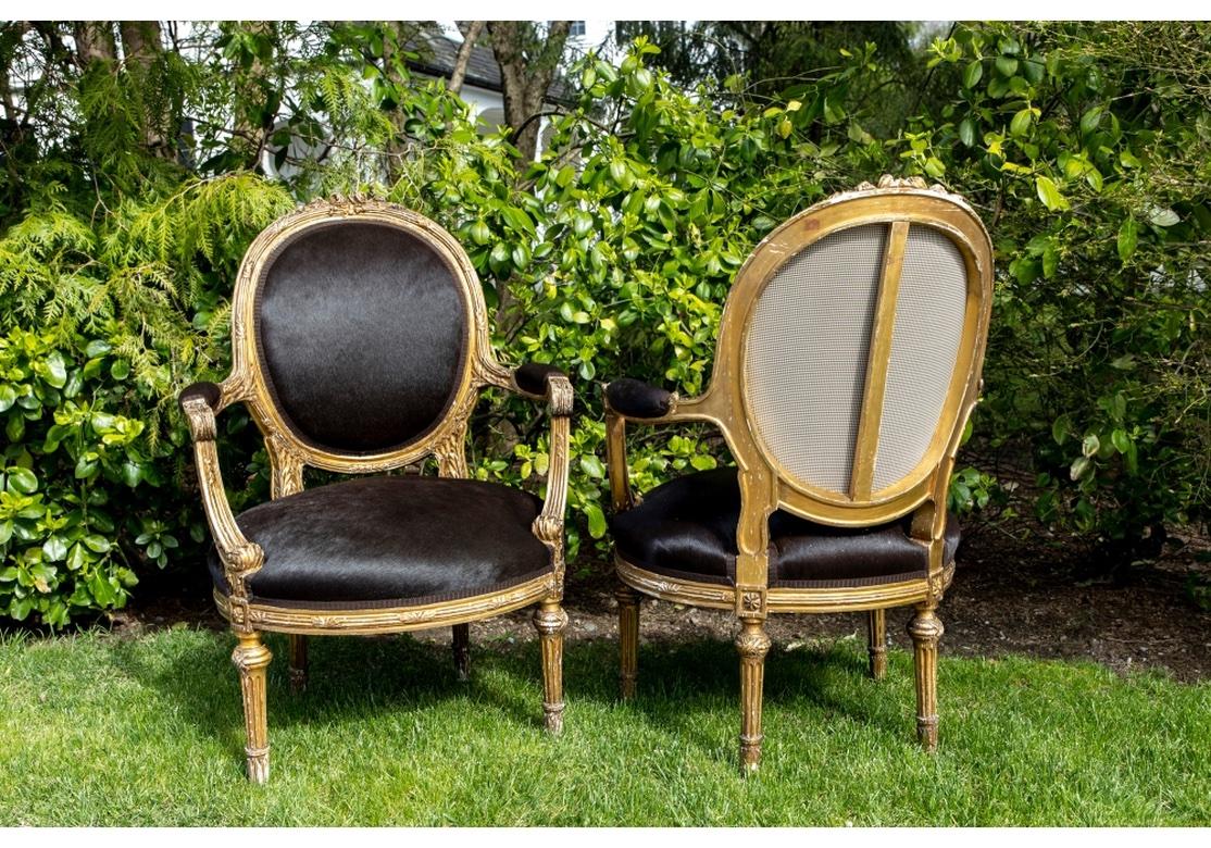 Pair of Custom Hide Upholstered Antique Fauteuils For Sale 4