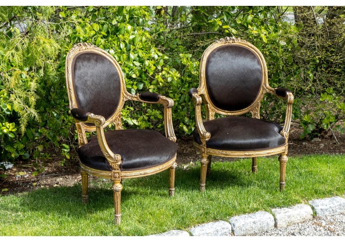Pair of Custom Hide Upholstered Antique Fauteuils For Sale 7