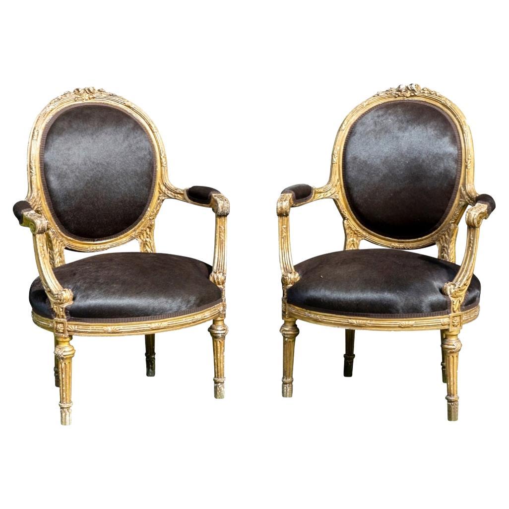 Pair of Custom Hide Upholstered Antique Fauteuils For Sale