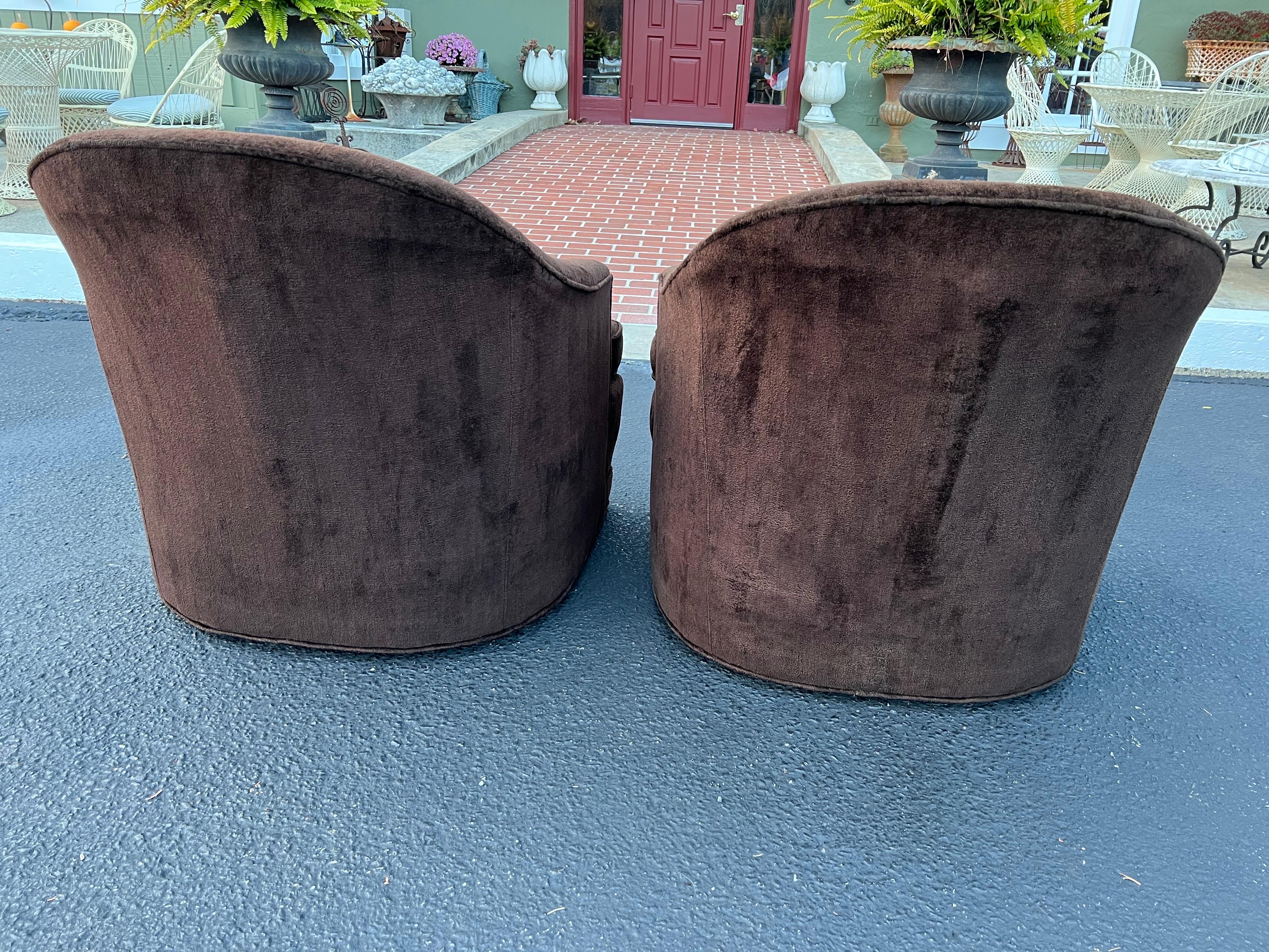 Pair of Custom High End Brown Swivel Club Chairs For Sale 13
