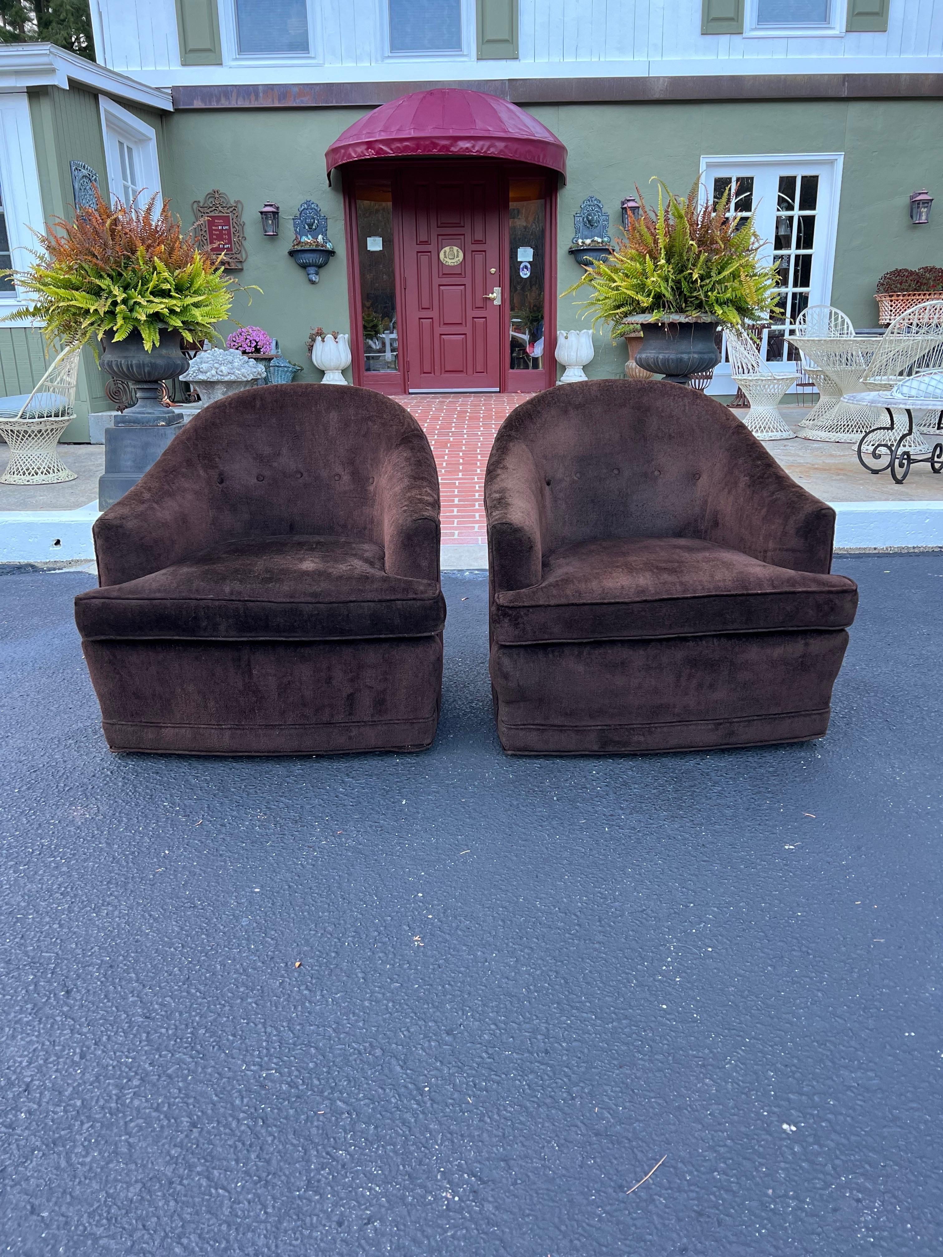 Upholstery Pair of Custom High End Brown Swivel Club Chairs For Sale