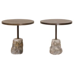 Antique Pair of Custom Iron Top Bistro Tables with Spanish Stone Plinth Bases