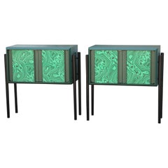 Pair of Custom Italian Style Faux Malachite and Green End Tables or Nightstands