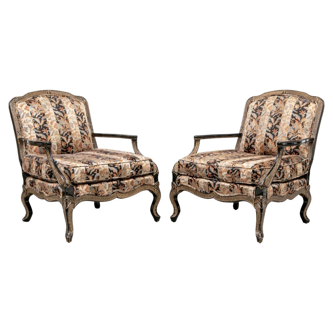 Pair of Custom Lacquered and Gilt Fauteuils For Sale