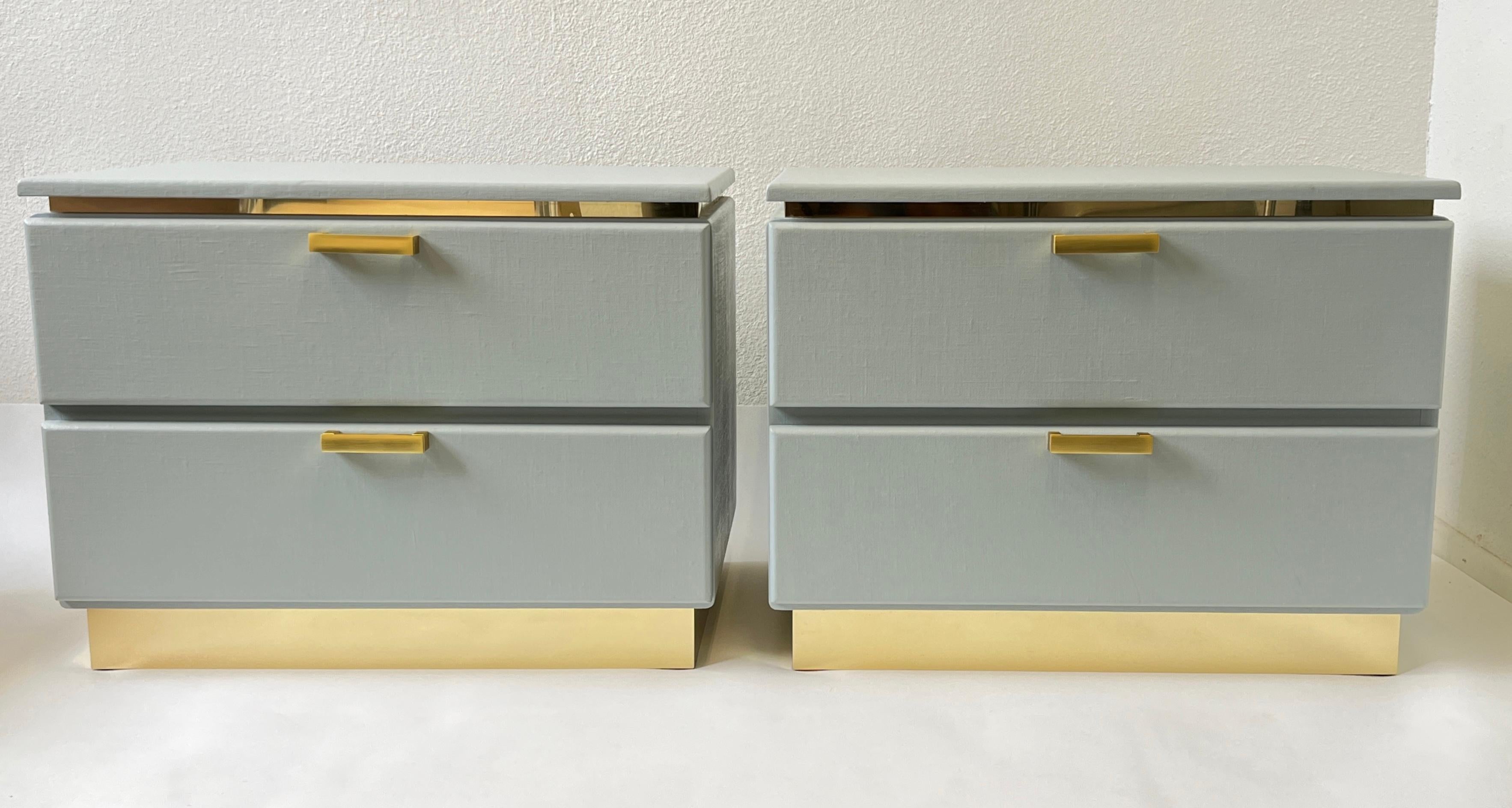 Pair of Custom Lacquered Linen and Brass Nightstands for Steve Chase 5