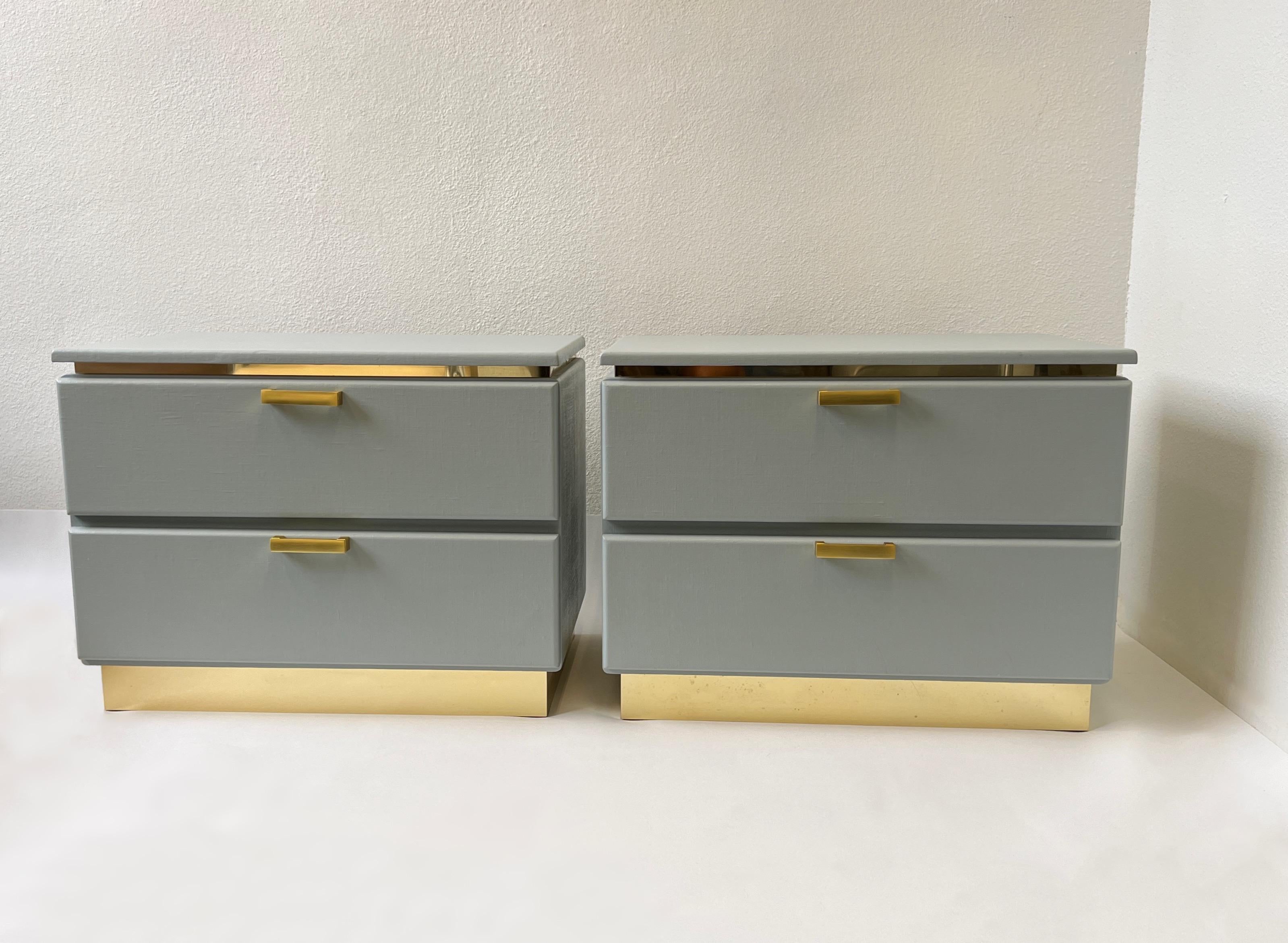 Modern Pair of Custom Lacquered Linen and Brass Nightstands for Steve Chase