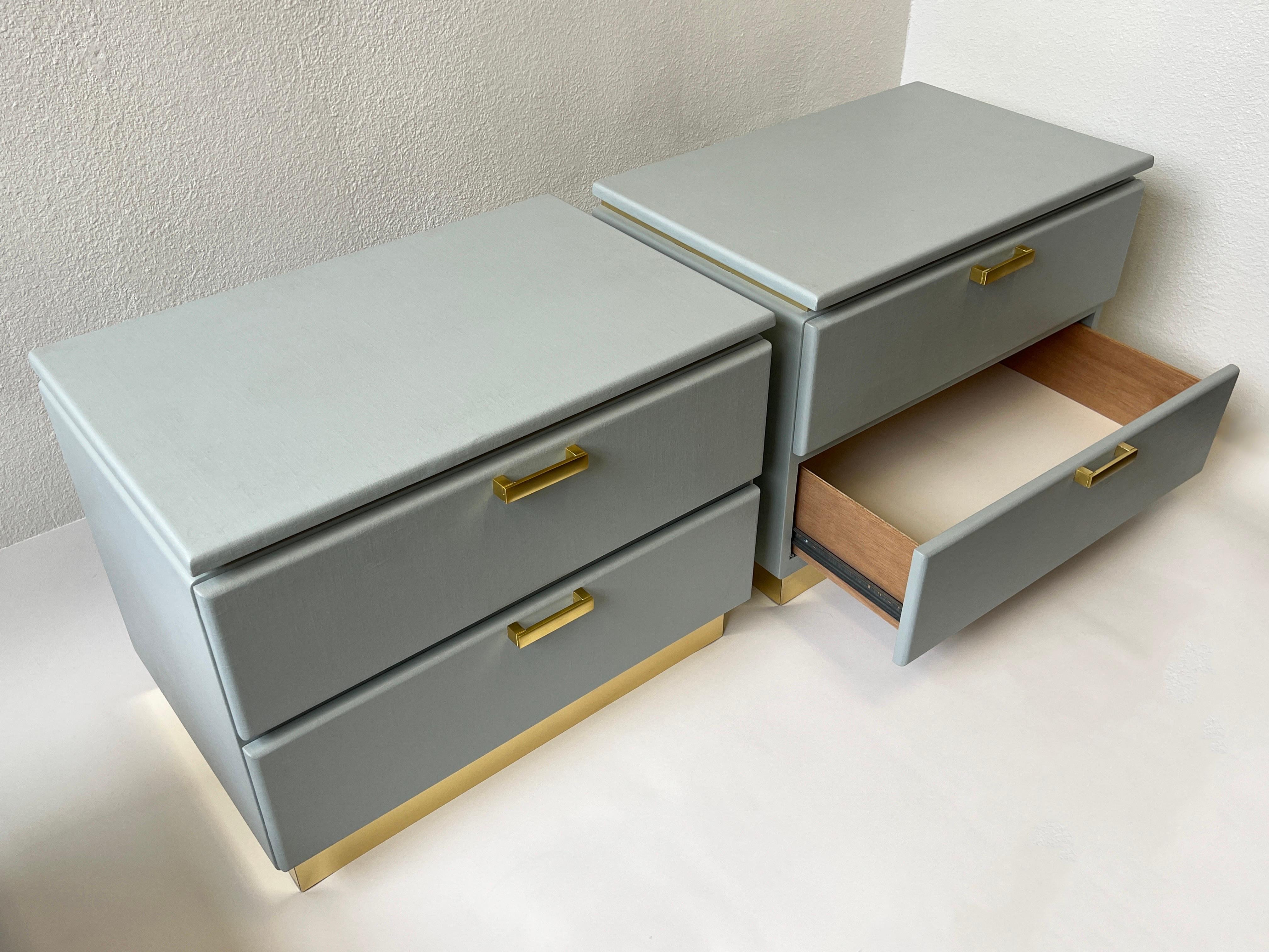 Late 20th Century Pair of Custom Lacquered Linen and Brass Nightstands for Steve Chase
