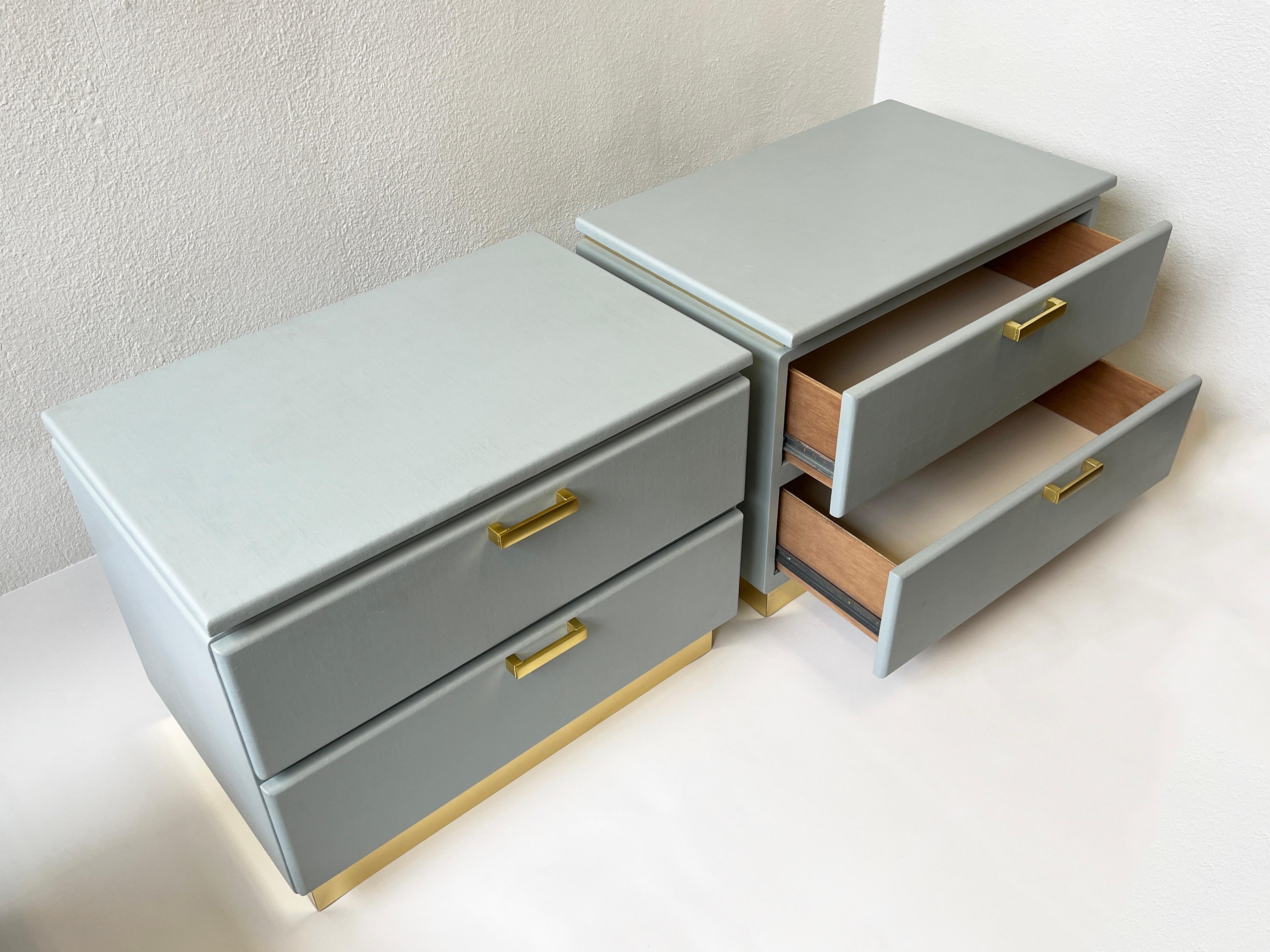 Pair of Custom Lacquered Linen and Brass Nightstands for Steve Chase 1