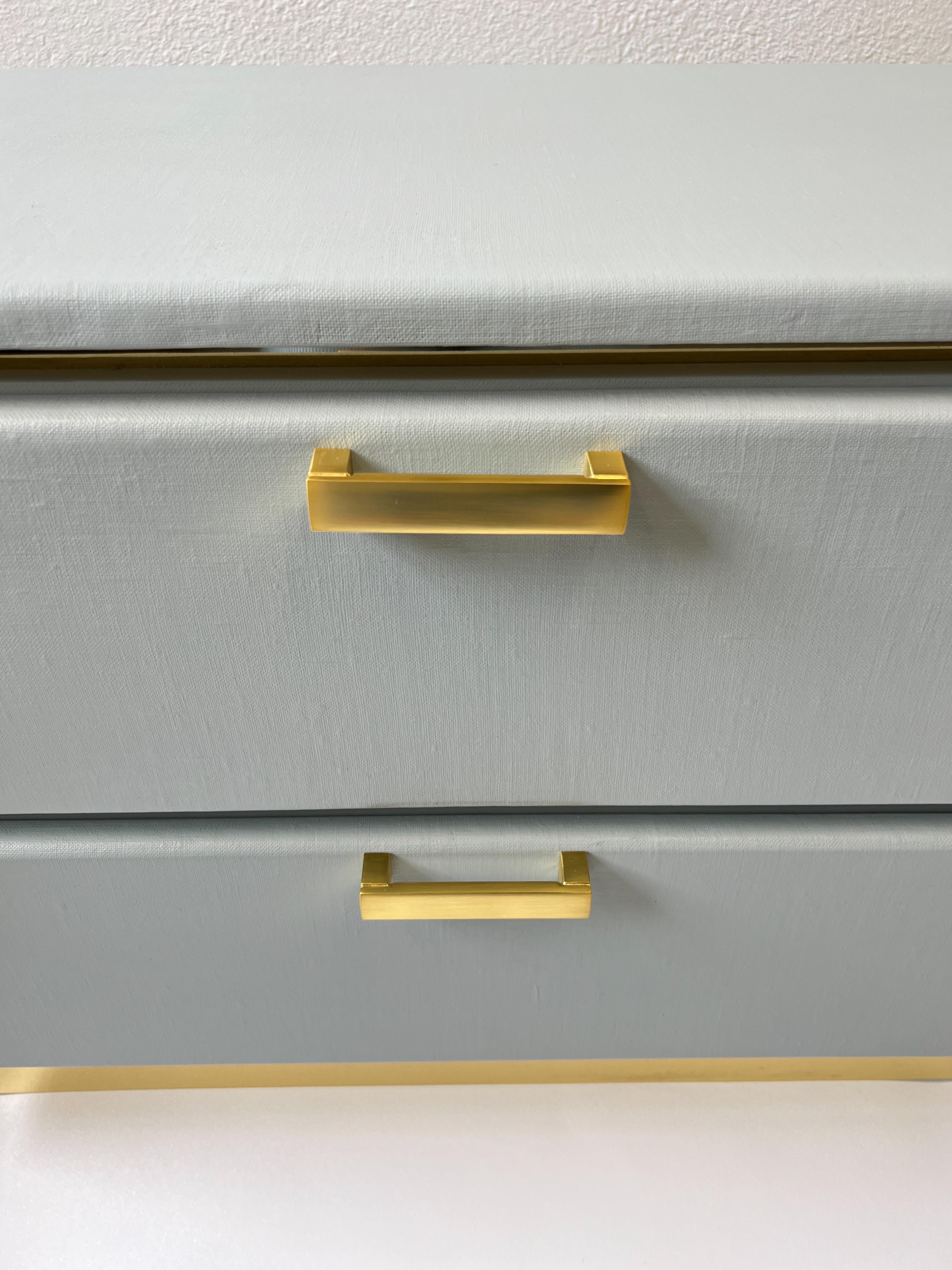 Pair of Custom Lacquered Linen and Brass Nightstands for Steve Chase 2