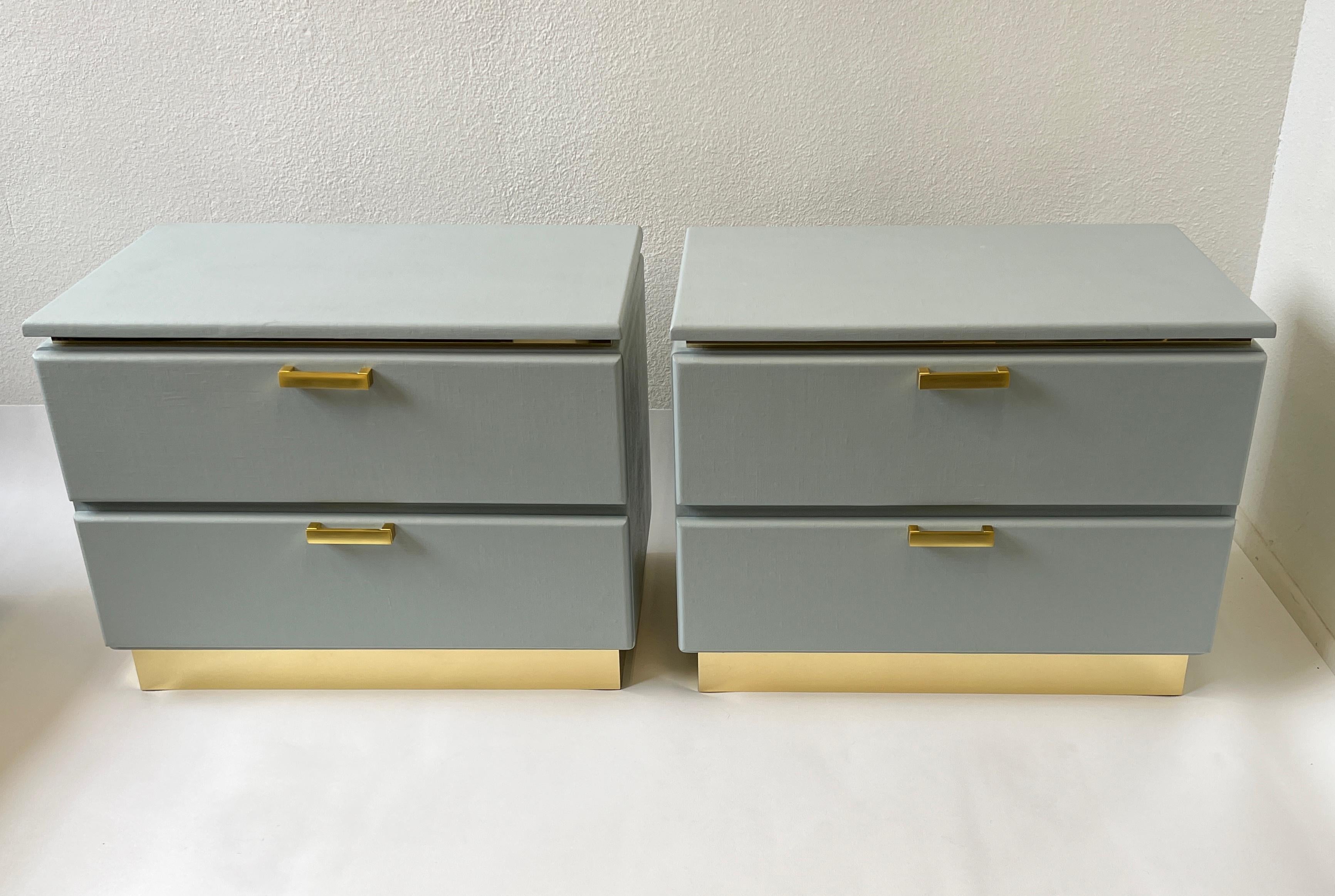 Pair of Custom Lacquered Linen and Brass Nightstands for Steve Chase 3