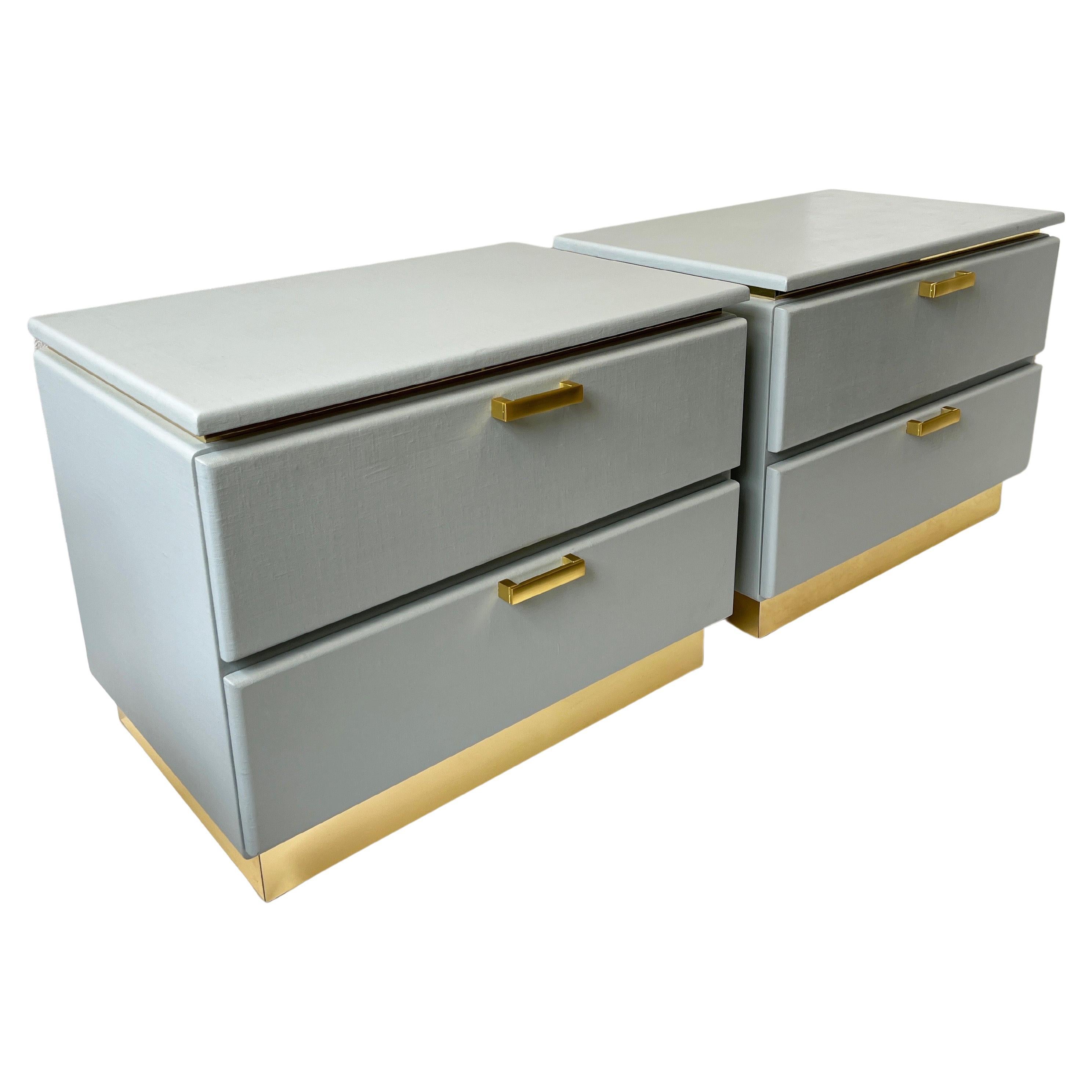 Pair of Custom Lacquered Linen and Brass Nightstands for Steve Chase