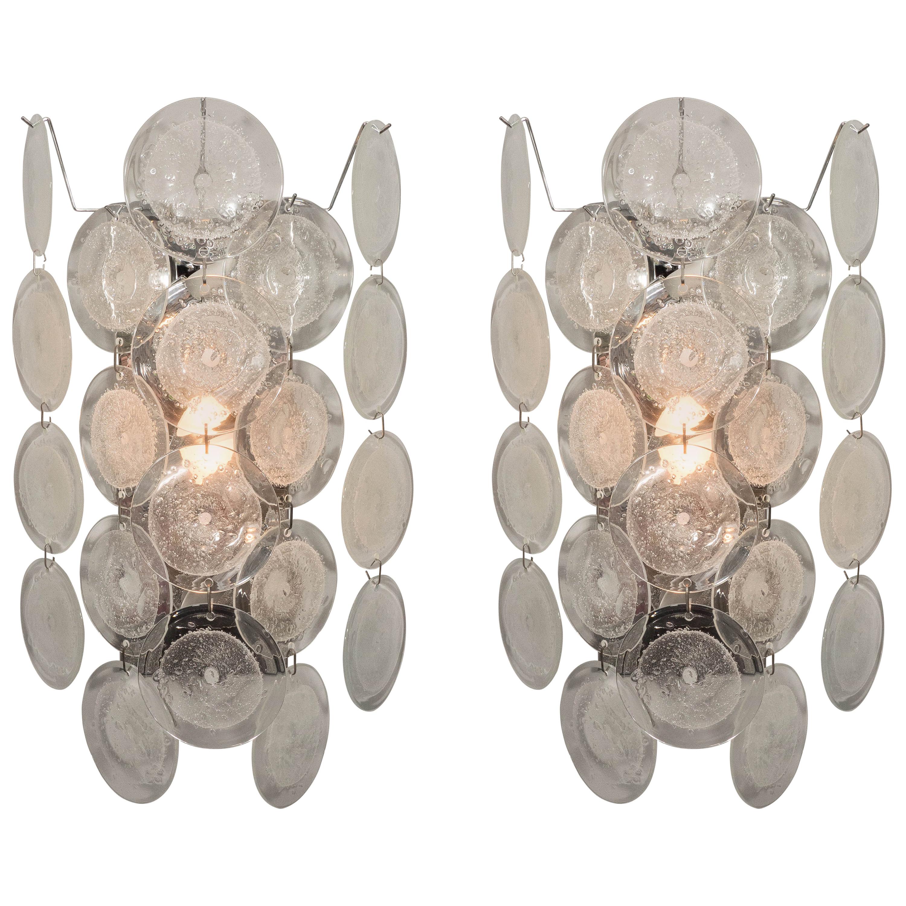 Pair of Clear Pulegoso Murano Glass Disc Sconces