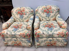 Pair of Custom Linen Blend Floral Chintz Club Chairs Armchairs