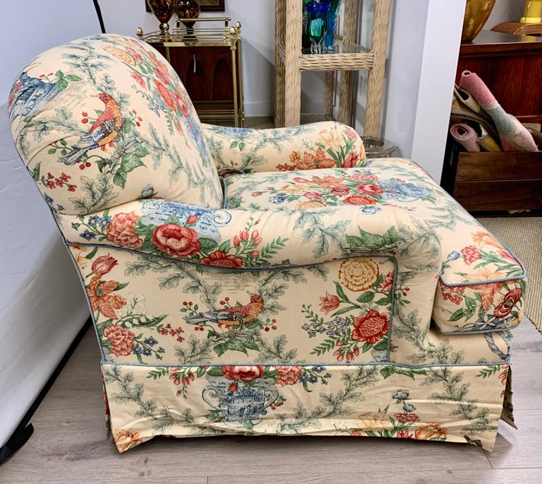 Pair of Custom Linen Blend Floral Chintz Club Chairs Armchairs at