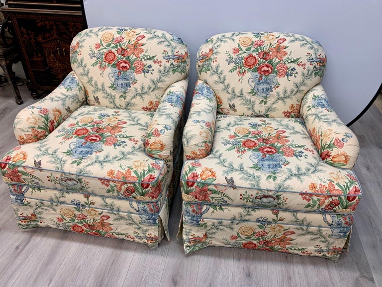 Pair of Custom Linen Blend Floral Chintz Club Chairs Armchairs at