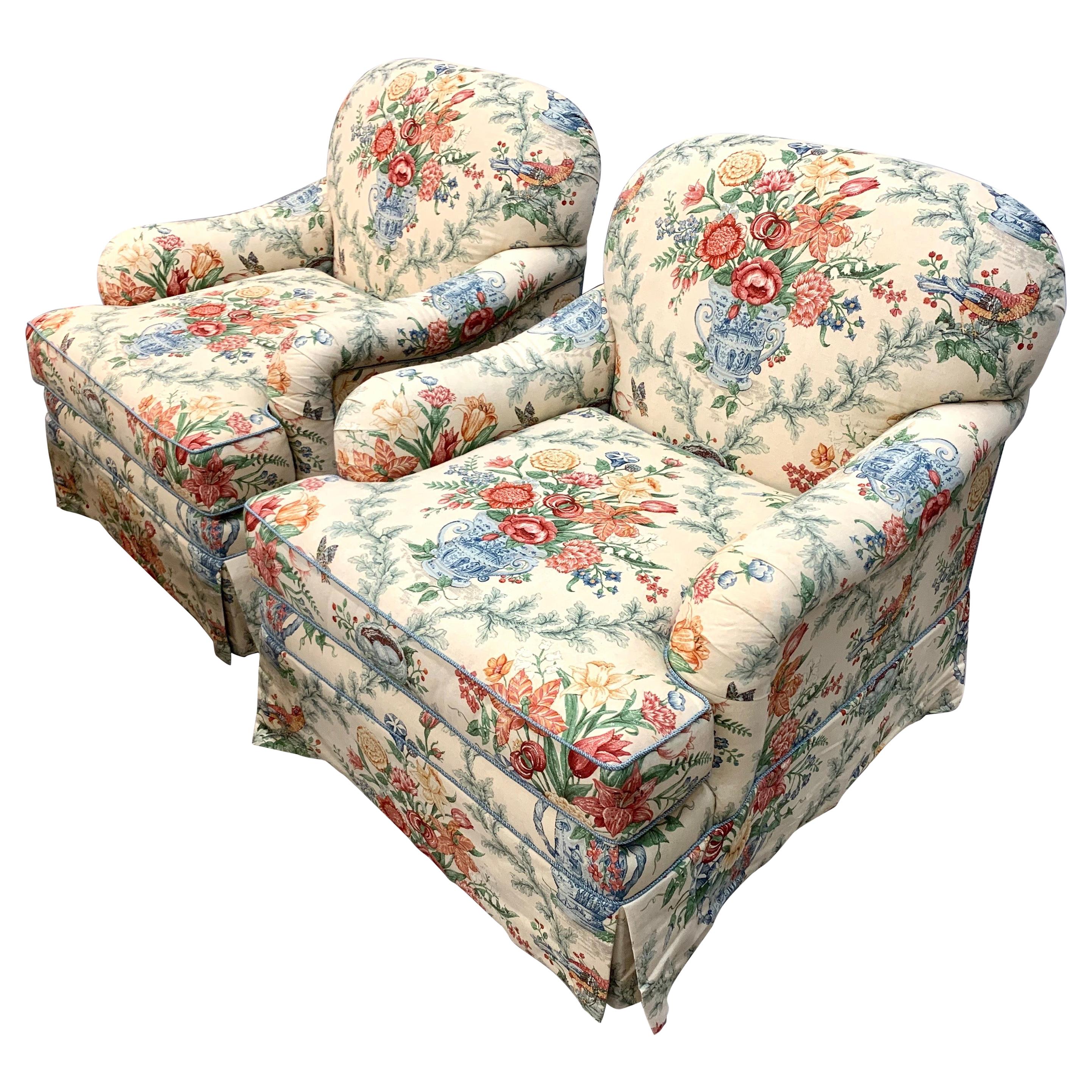 Pair of Custom Linen Blend Floral Chintz Club Chairs Armchairs