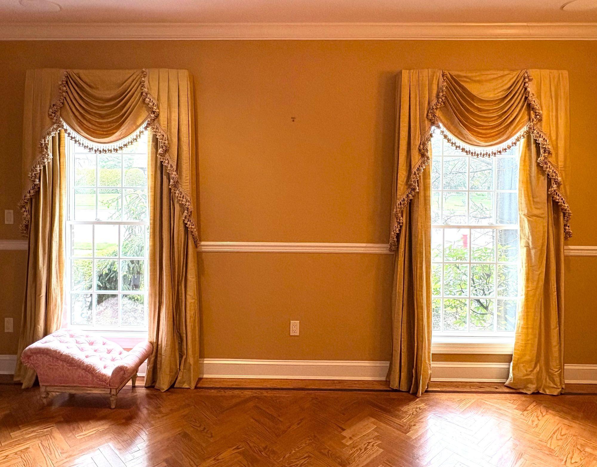 Pair of Custom Linen Drapes, Curtains and Valances, Lined, Tassels, 
A fine quality custom pair of Drapes with Valances. Each heavy lined weights with Linen exteriors in a subtle golden yellow color with silver and bold handwoven bells as welts