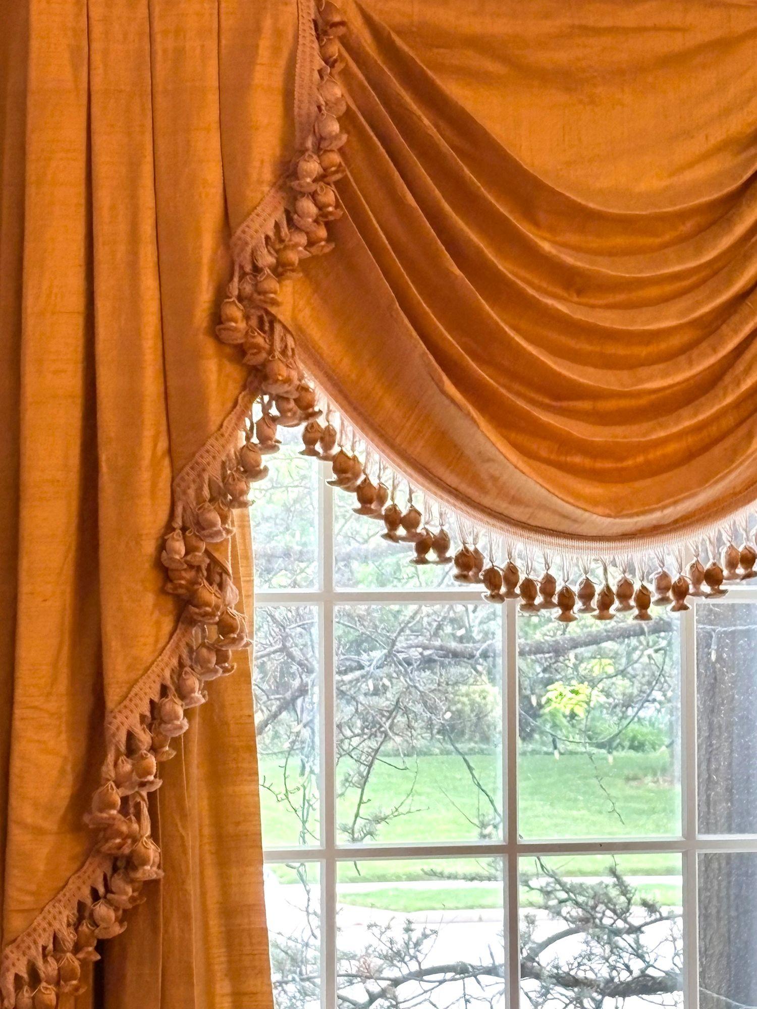 Cotton Pair of Custom Linen Drapes, Curtains and Valances, Lined, Tassels For Sale