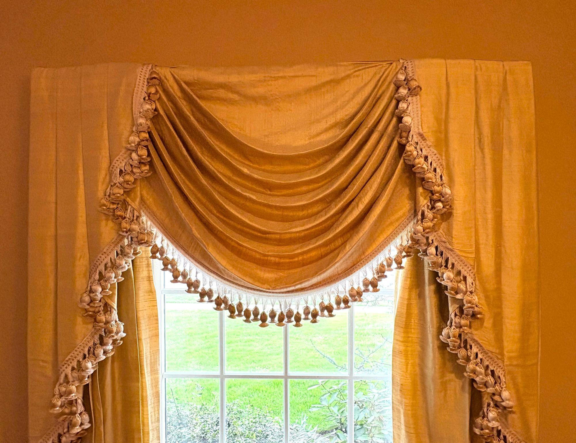 Pair of Custom Linen Drapes, Curtains and Valances, Lined, Tassels For Sale 1
